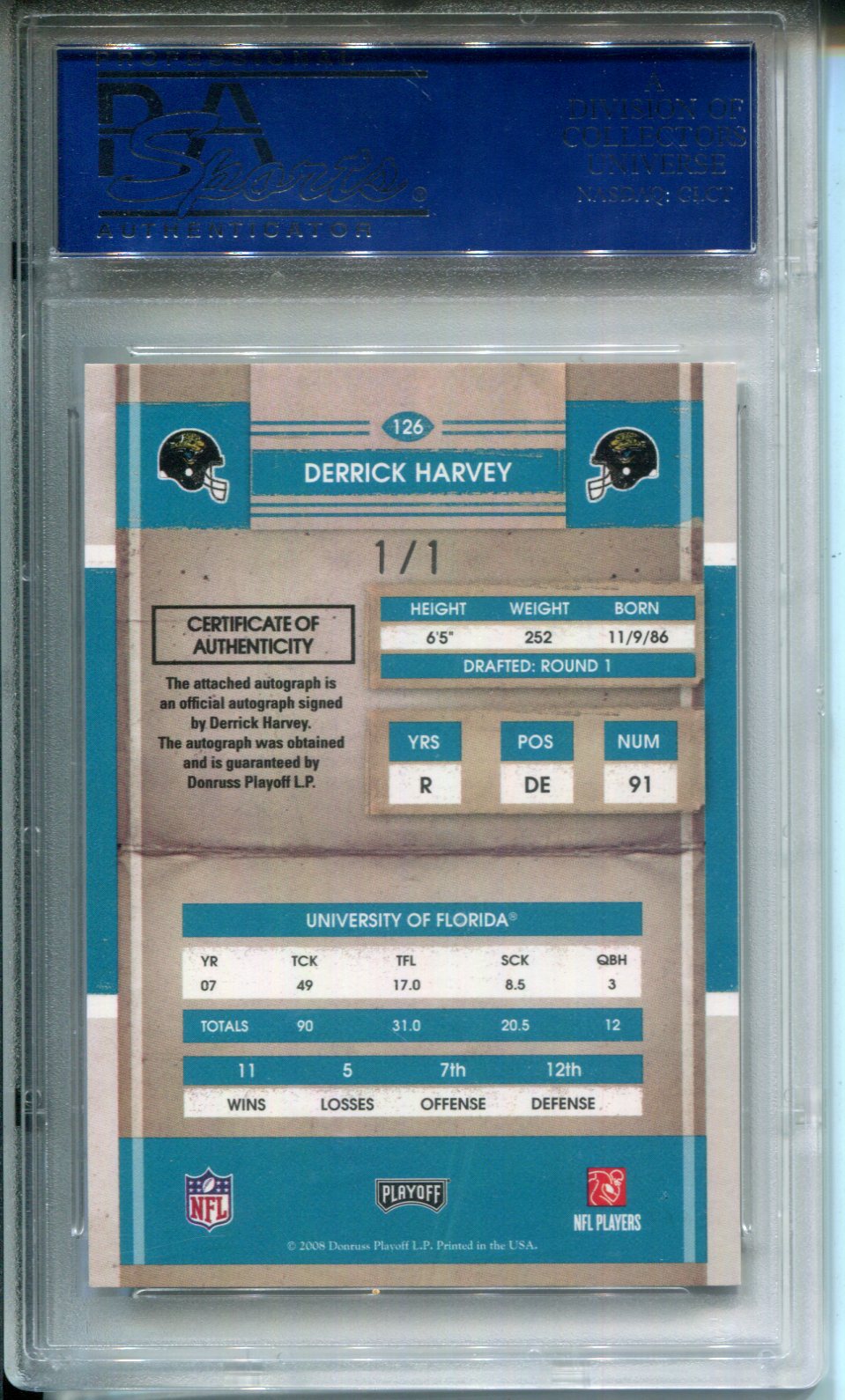 2008 Playoff Contenders Derrick Harvey #126 Championship Ticket Auto #1/1 PSA 9