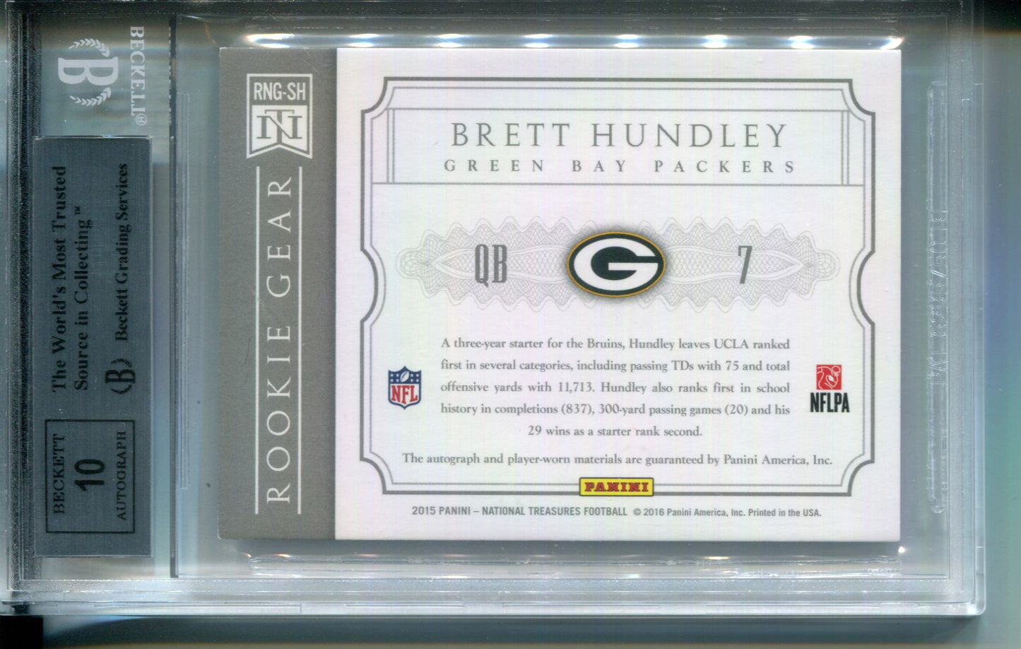 2015 National Treasures Rookie NFL Gear PATCH AUTO Brett Hundley #25/25 BGS 9