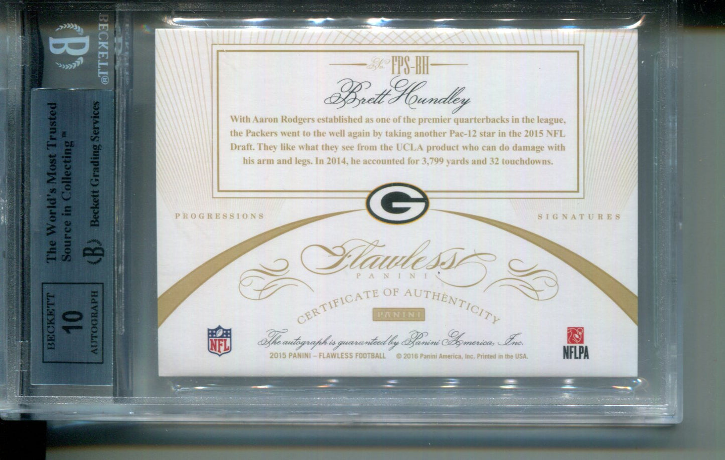 2015 Flawless Progressions Signatures AUTO Emerald #3/5 Brett Hundley #4 BGS 8.5