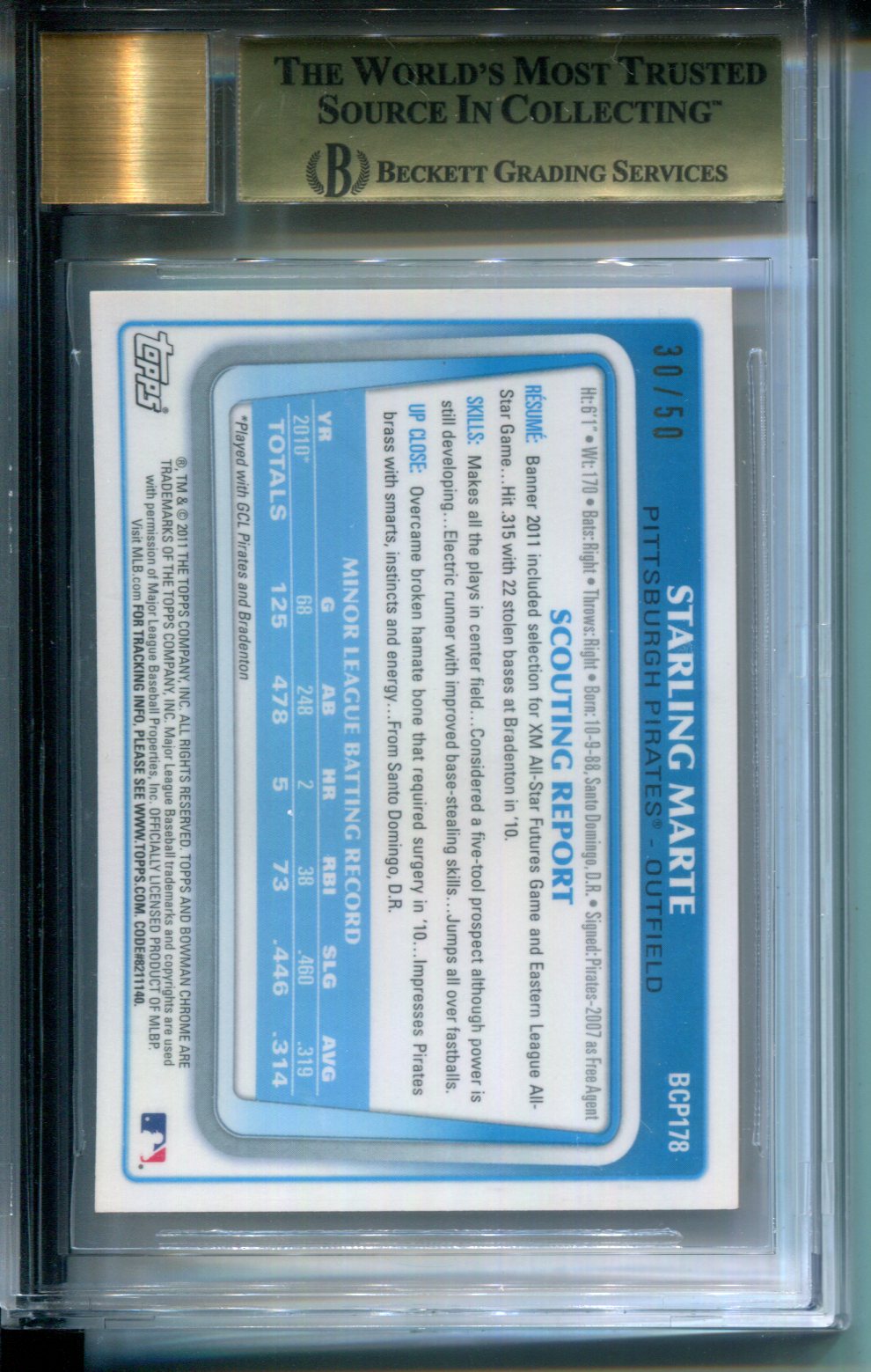 2011 Bowman Chrome Prospect AUTO Gold Refractor Starling Marte #30/50 BGS 9.5
