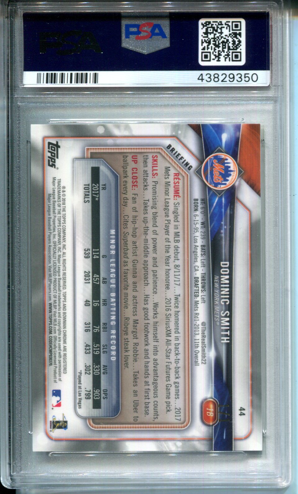 2018 Bowman Chrome Dominic Smith #44 Superfractor 1/1 PSA 10 Rookie Card RC