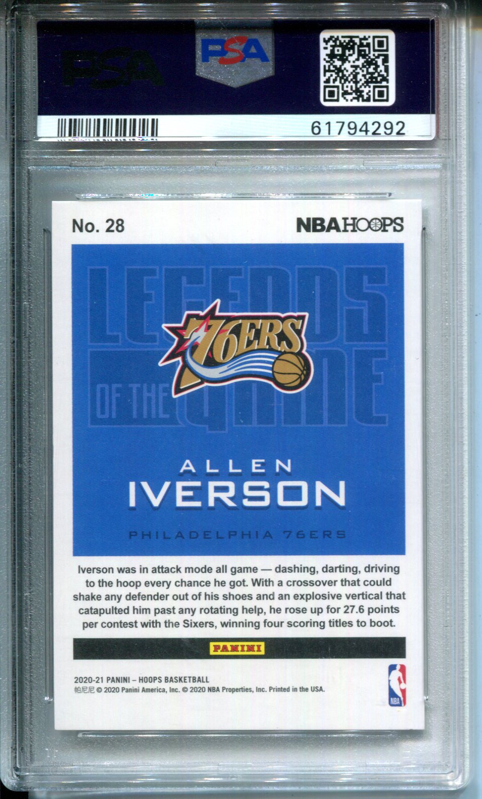 2020 Panini Hoops Legends Of The Game Allen Iverson #28 PSA 9