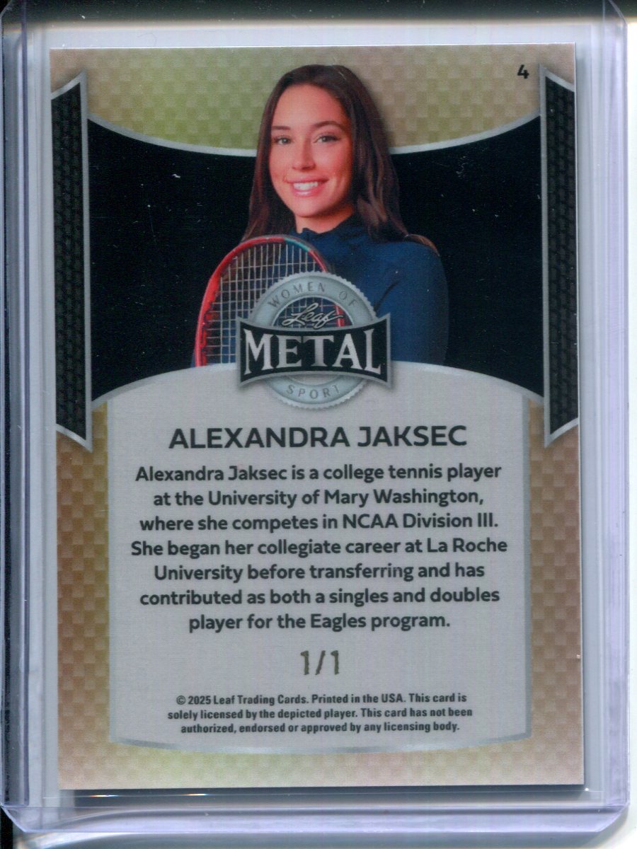 2025 Leaf Metal Women of Sport Alexandra Jaksec #4 Tennis Purple PRIZM #1/1