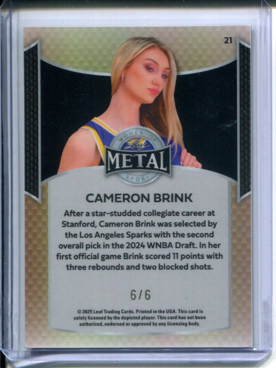 2025 Leaf Metal Women of Sport Cameron Brink #6/6 Purple PRIZM L.A. Sparks WNBA