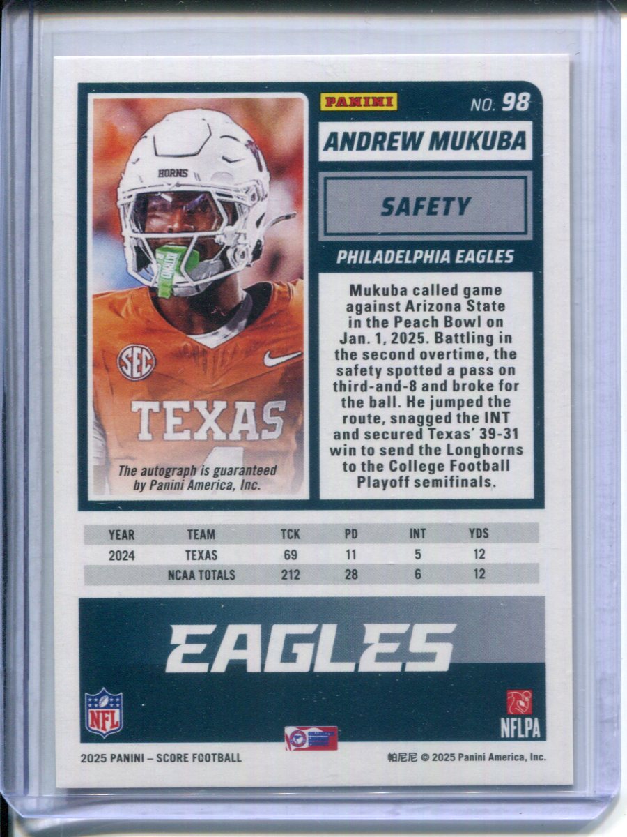 2025 Panini Score Football Andrew Mukuba #98 Gold Rookie #10/10 Eagles Texas