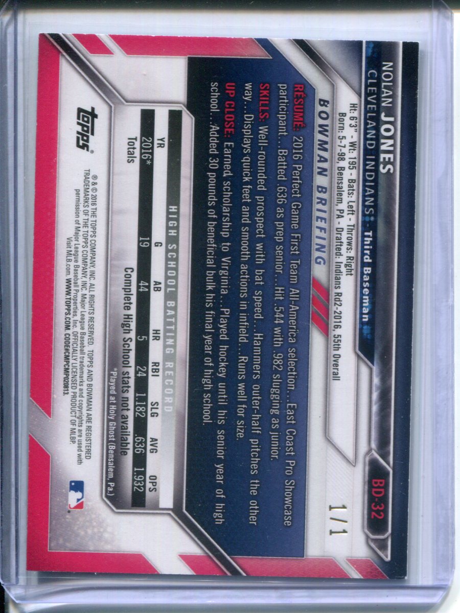 2016 Bowman Draft 1st Bowman Nolan Jones #BD-32 Black #1/1