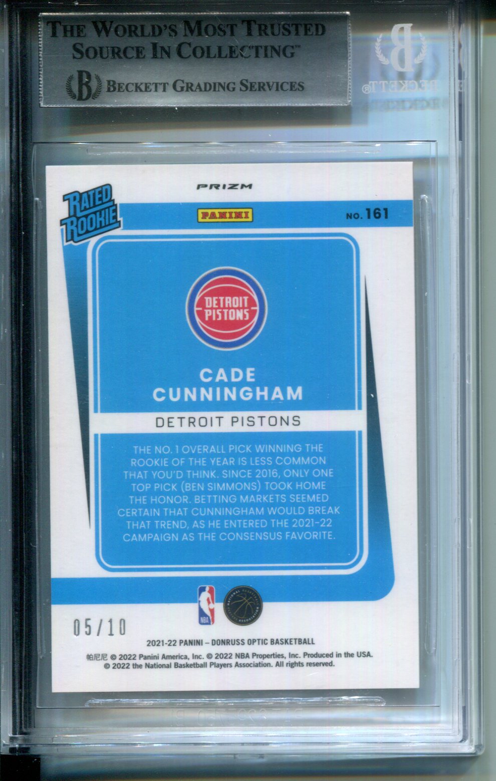 2021-22 Donruss Optic Gold Prizm Holo #5/10 Cade Cunningham #161 BGS 9 Rookie