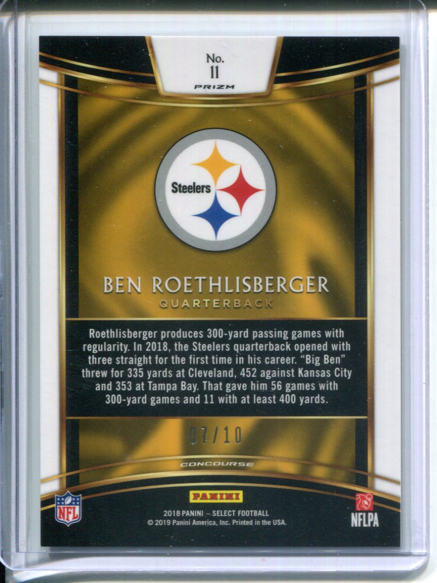 2019 Panini Select Prizm Ben Roethlisberger #11 Gold #7/10 (JERSEY MATCH)