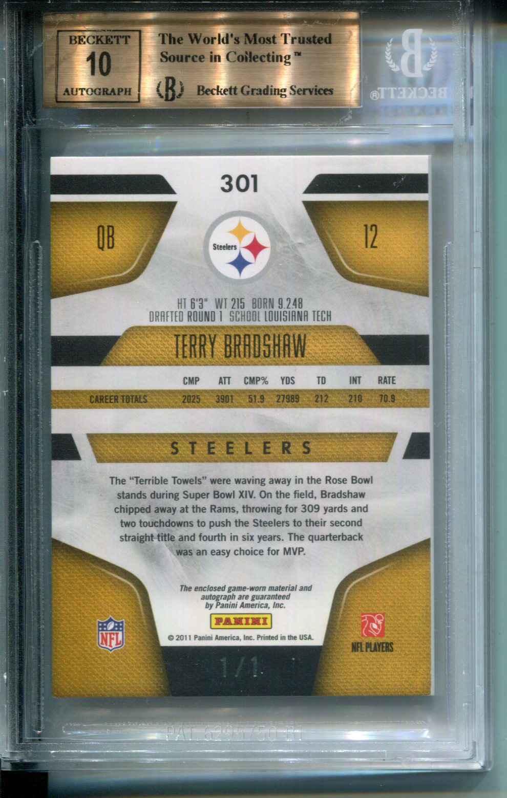 2011 Certified Mirror Black #1/1 Terry Bradshaw GAME WORN PATCH AUTO BGS 9.5