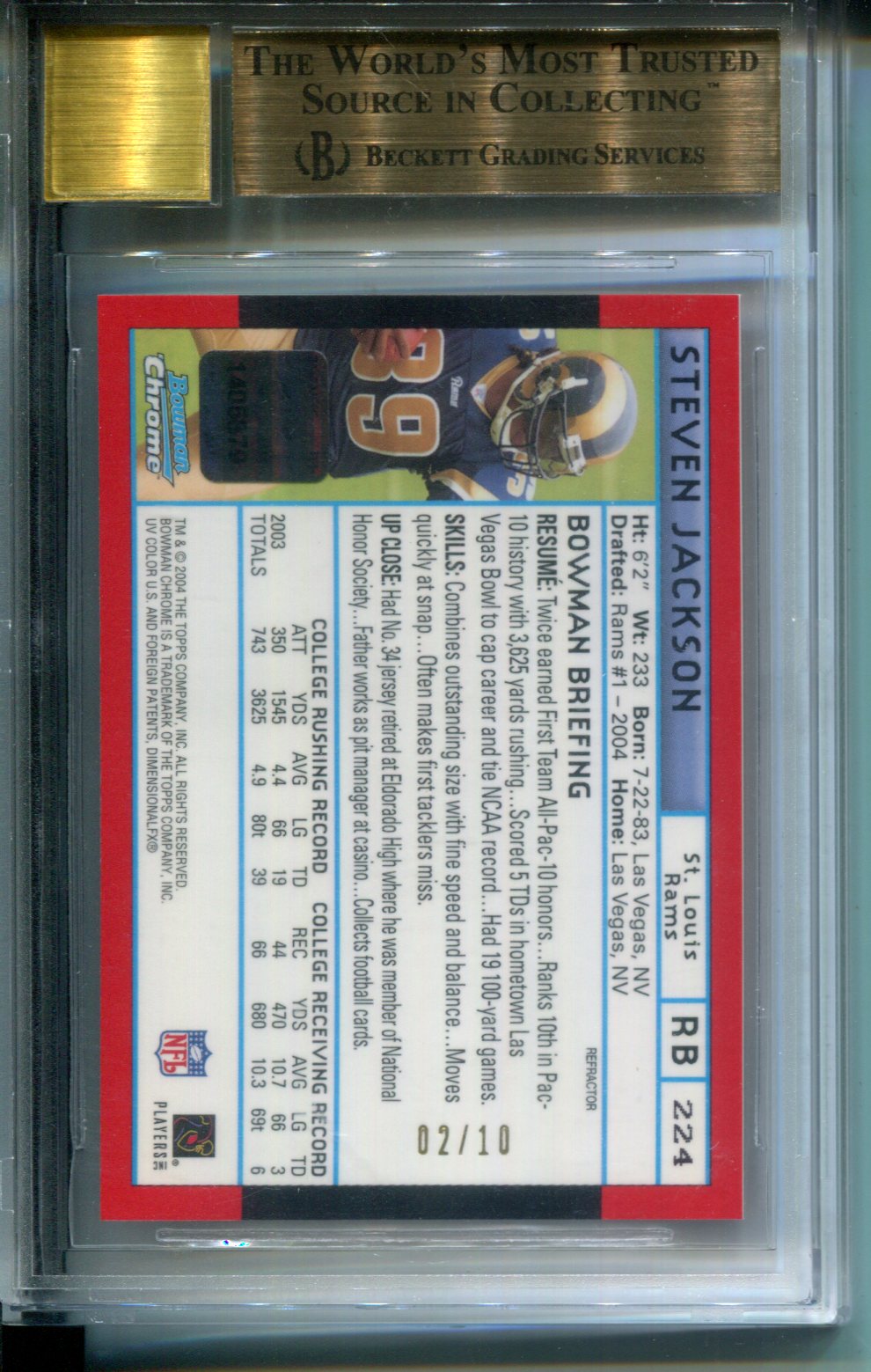 2004 Bowman Chrome Red Refractor #2/10 AUTO Steven Jackson #224 BGS 9.5