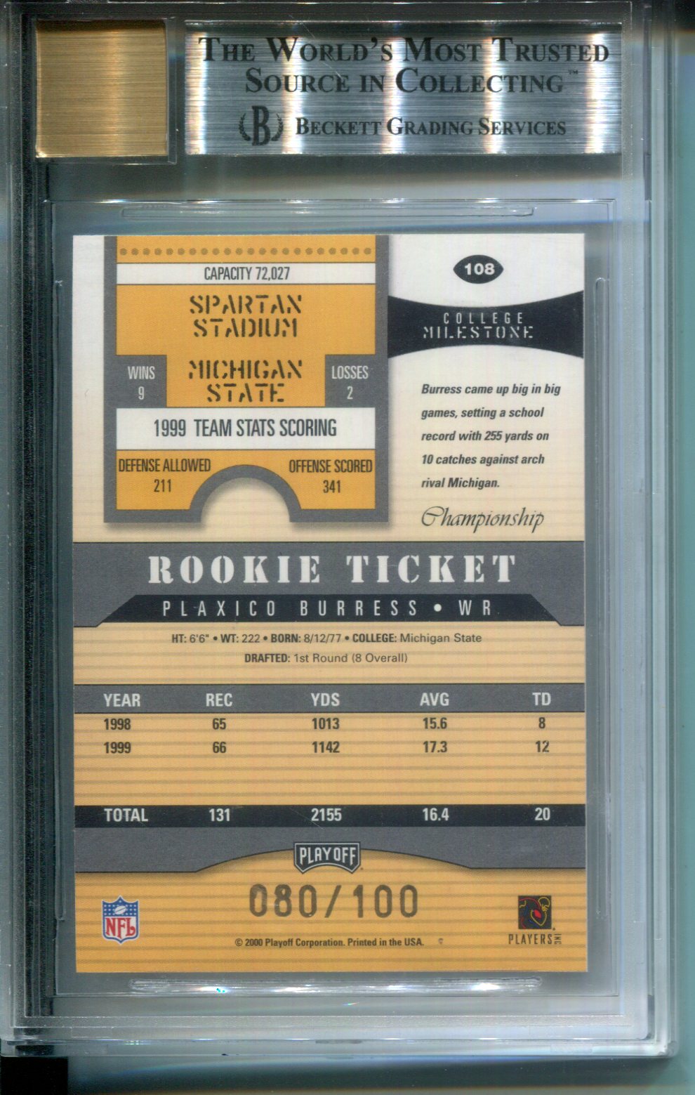 2000 Contenders Championship Ticket #80/100 (JERSEY #) Plaxico Burress BGS 9