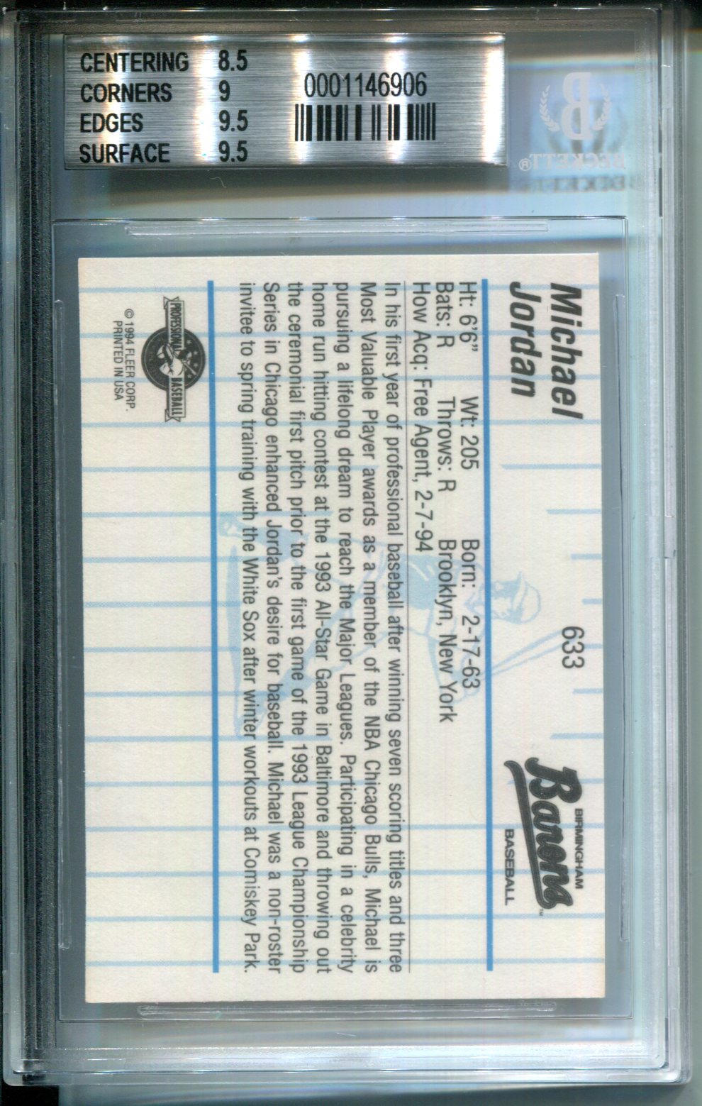 1994 Birmingham Barons Fleer ProCards Michael Jordan #633 BGS 9 (OLD BGS LABEL)