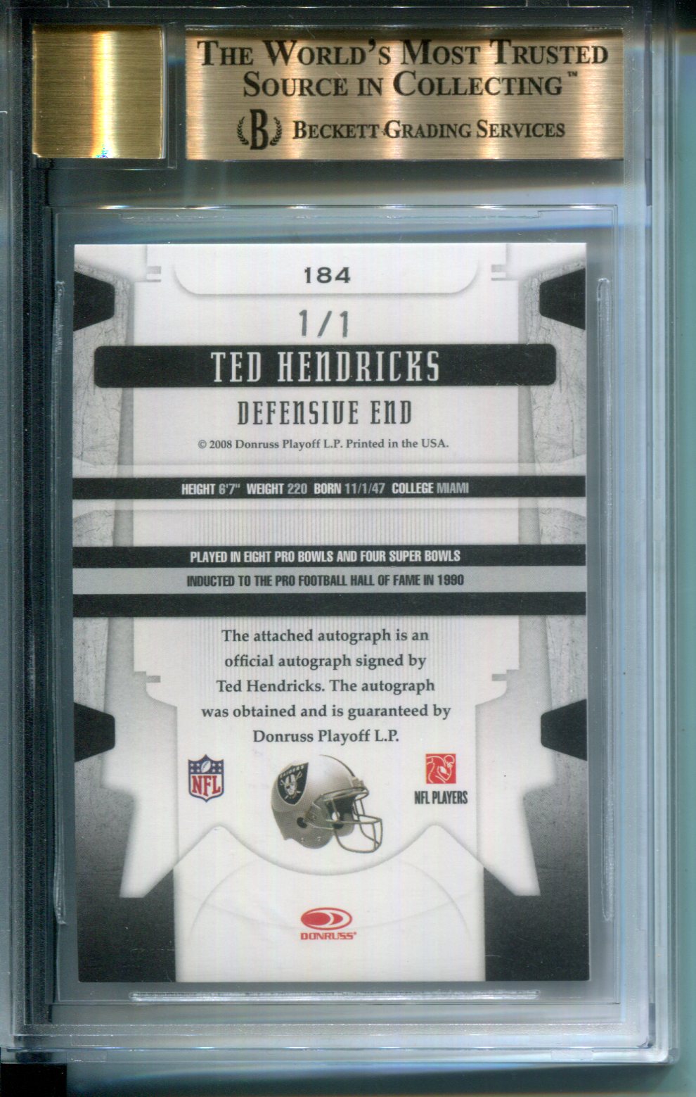 2008 Leaf Limited Monikers AUTO Platinum #1/1 Ted Hendricks #184 BGS 9.5 Raiders