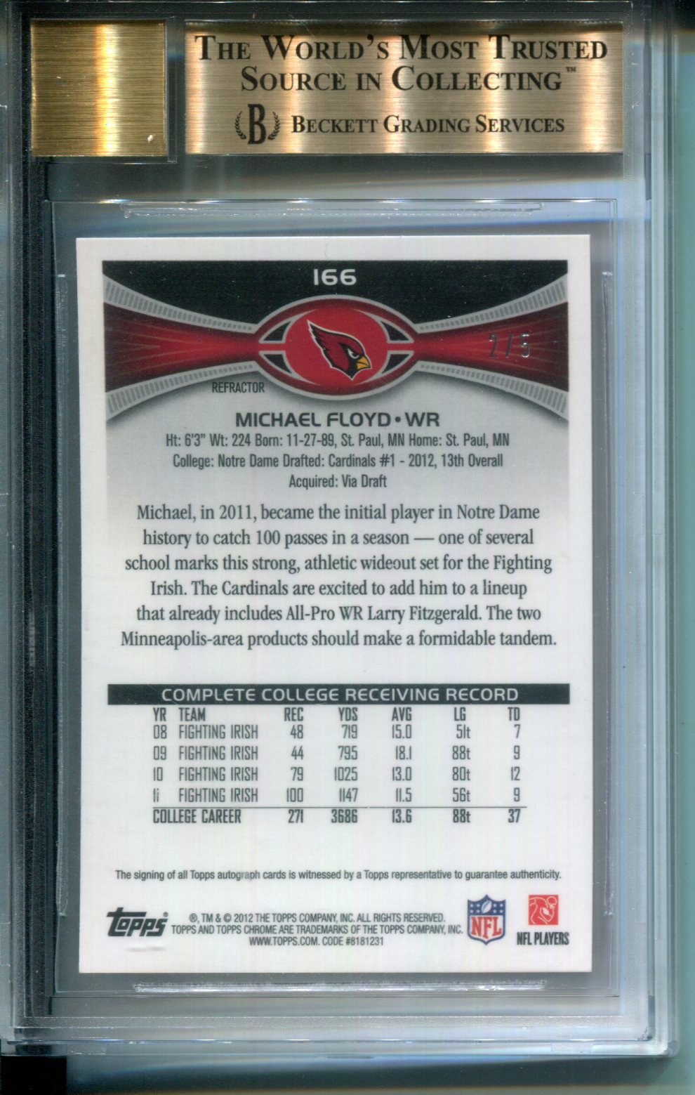 2012 Topps Chrome Rookie AUTO Red Refractor #2/5 Michael Floyd #166 BGS 9.5
