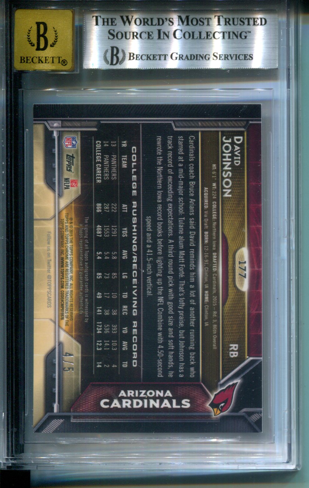 2015 Topps Chrome Rookie AUTO Red Refractor #4/5 David Johnson #177 BGS 8.5