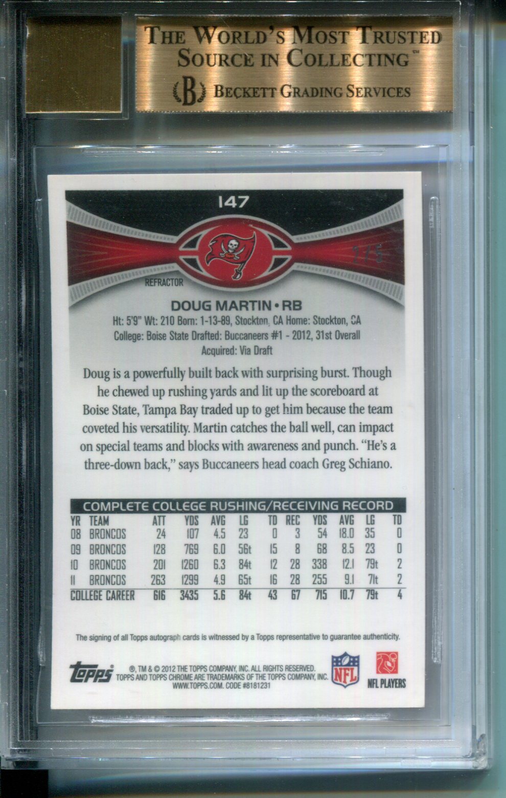 2012 Topps Chrome Rookie Autographs Red Refractors Doug Martin #147 BGS 9.5