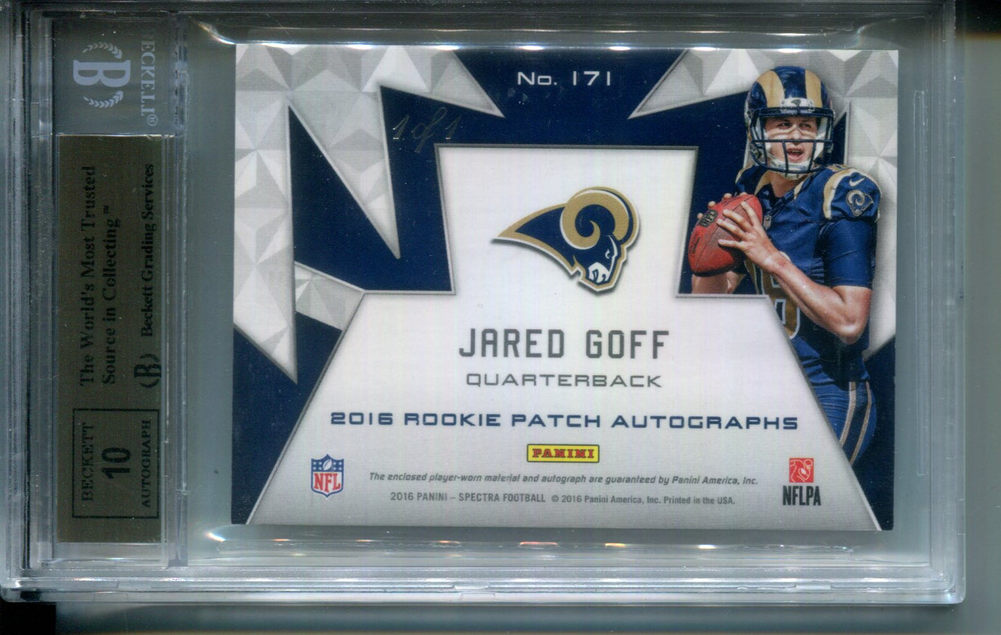 2016 Panini Spectra #171 Gold Jared Goff Rookie Patch AUTO #1/1 BGS 9.5