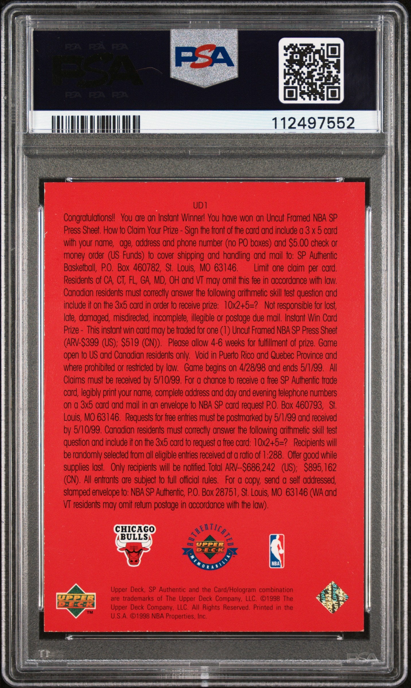 1997 SP Authentic Authentics Michael Jordan #UD1 Uncut Sheet PSA 8