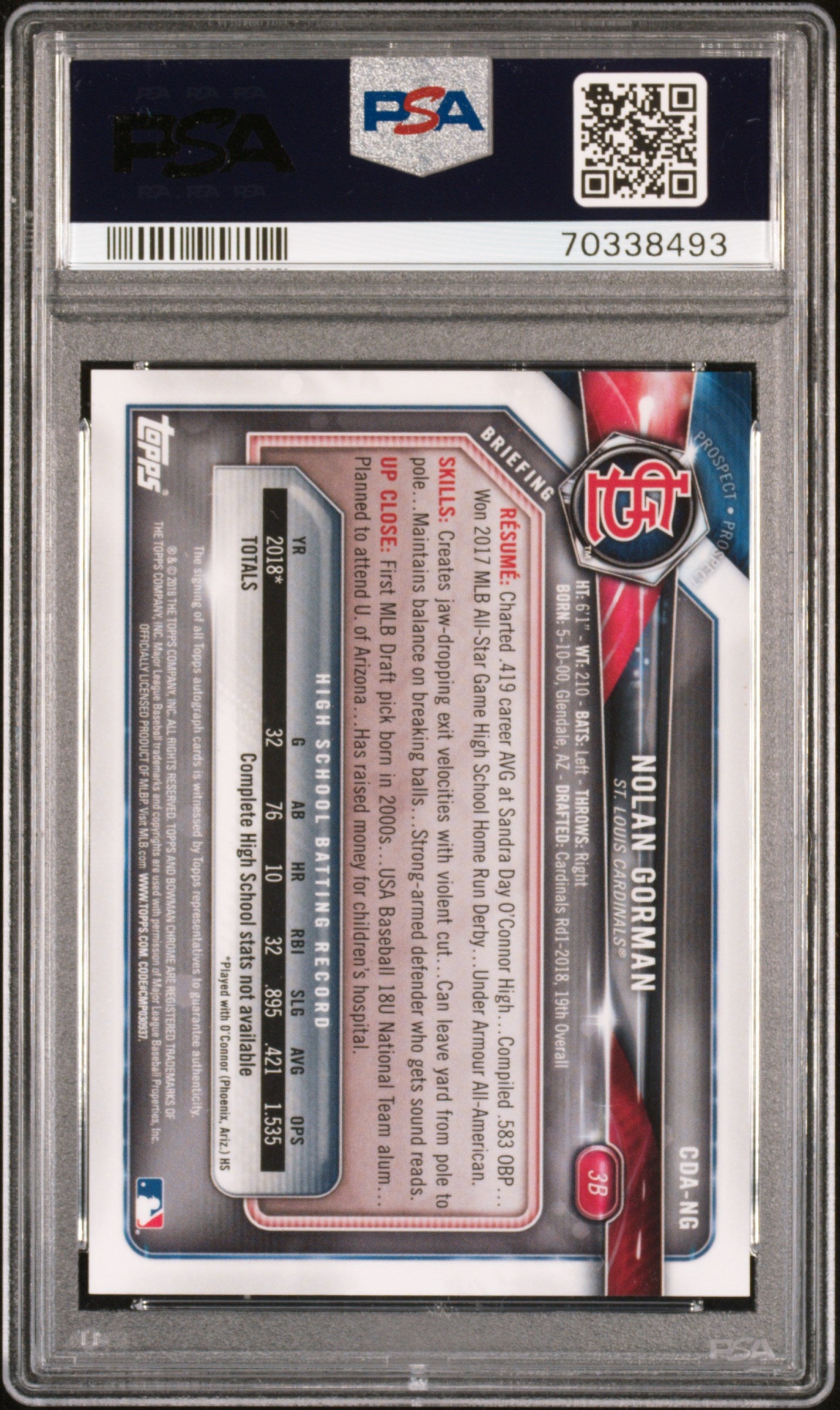 2018 Bowman Draft Chrome Draft Picks Autographs Nolan Gorman #CDANG Auto PSA 10