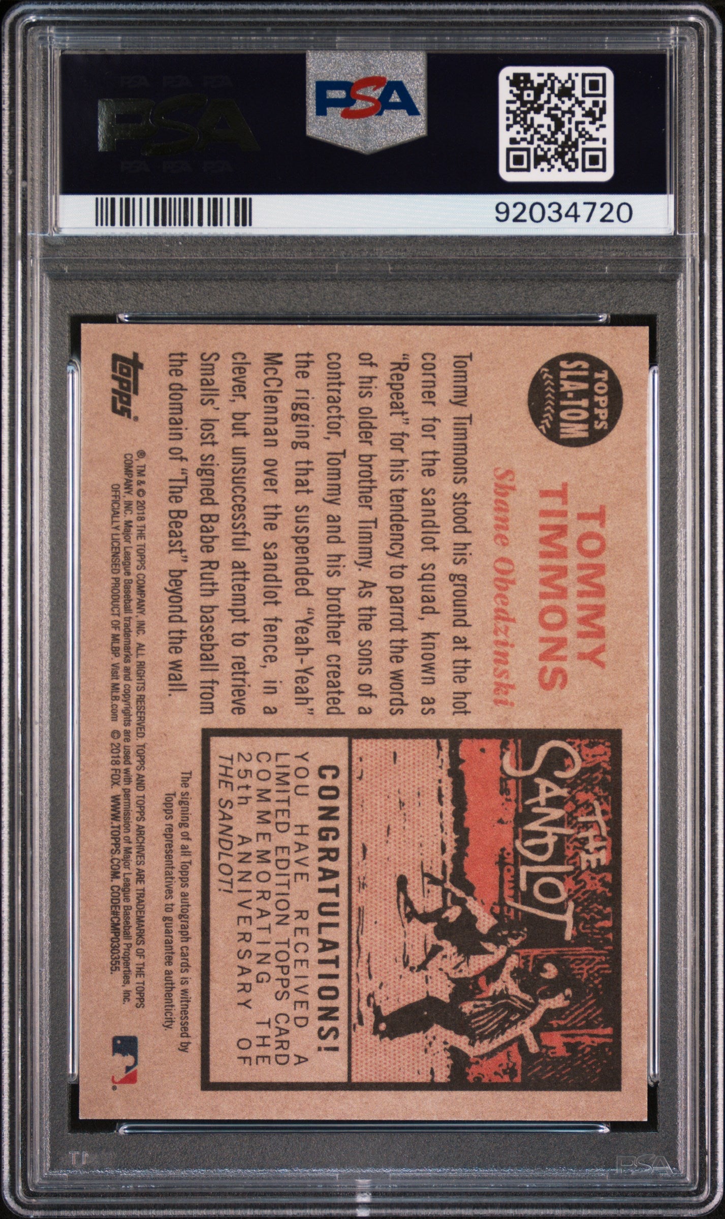 2018 Topps Archives The Sandlot Shane Obedzinski #TOM Autograph PSA 9