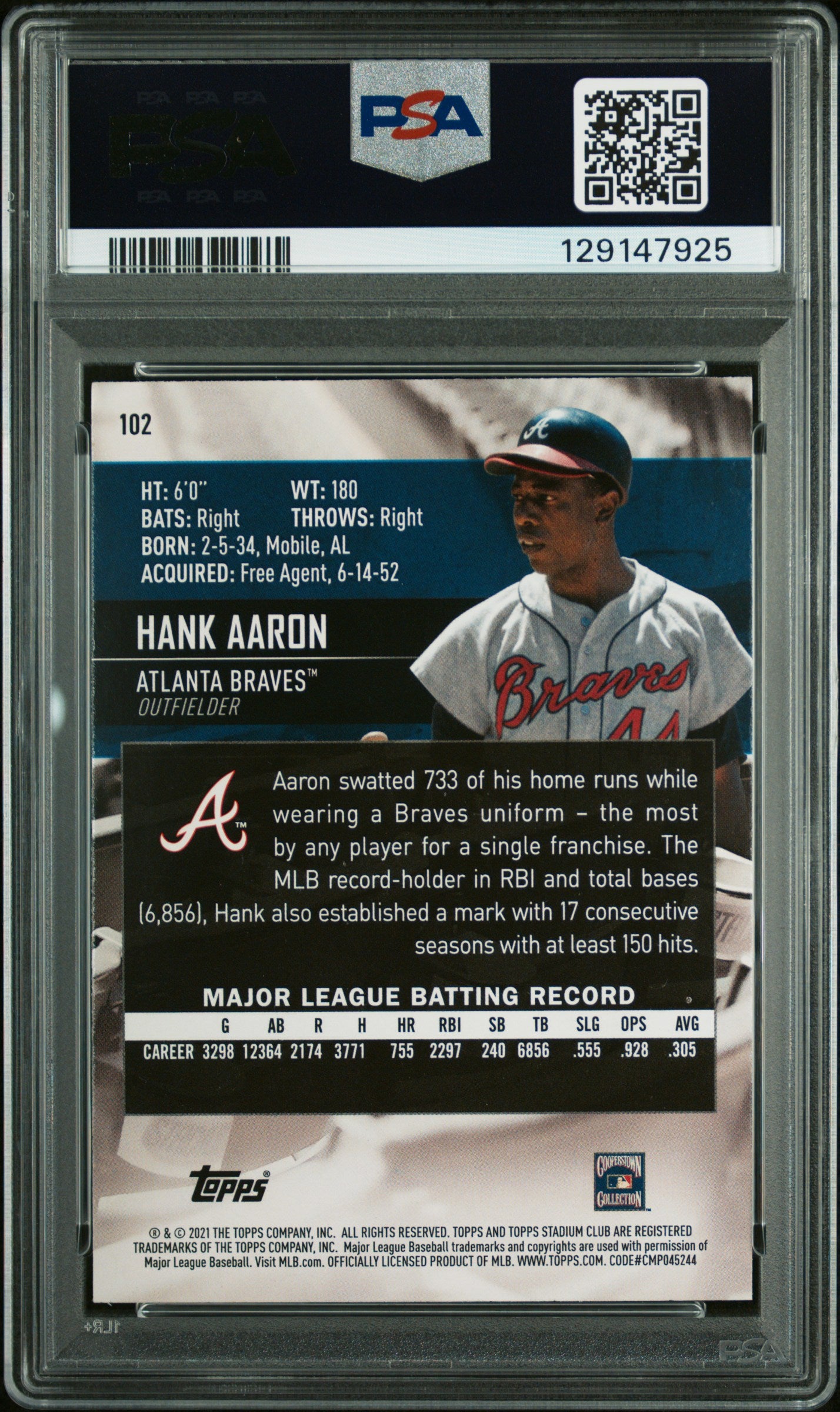 2021 Topps Stadium Club Hank Aaron #102 First Day Issue PSA 10