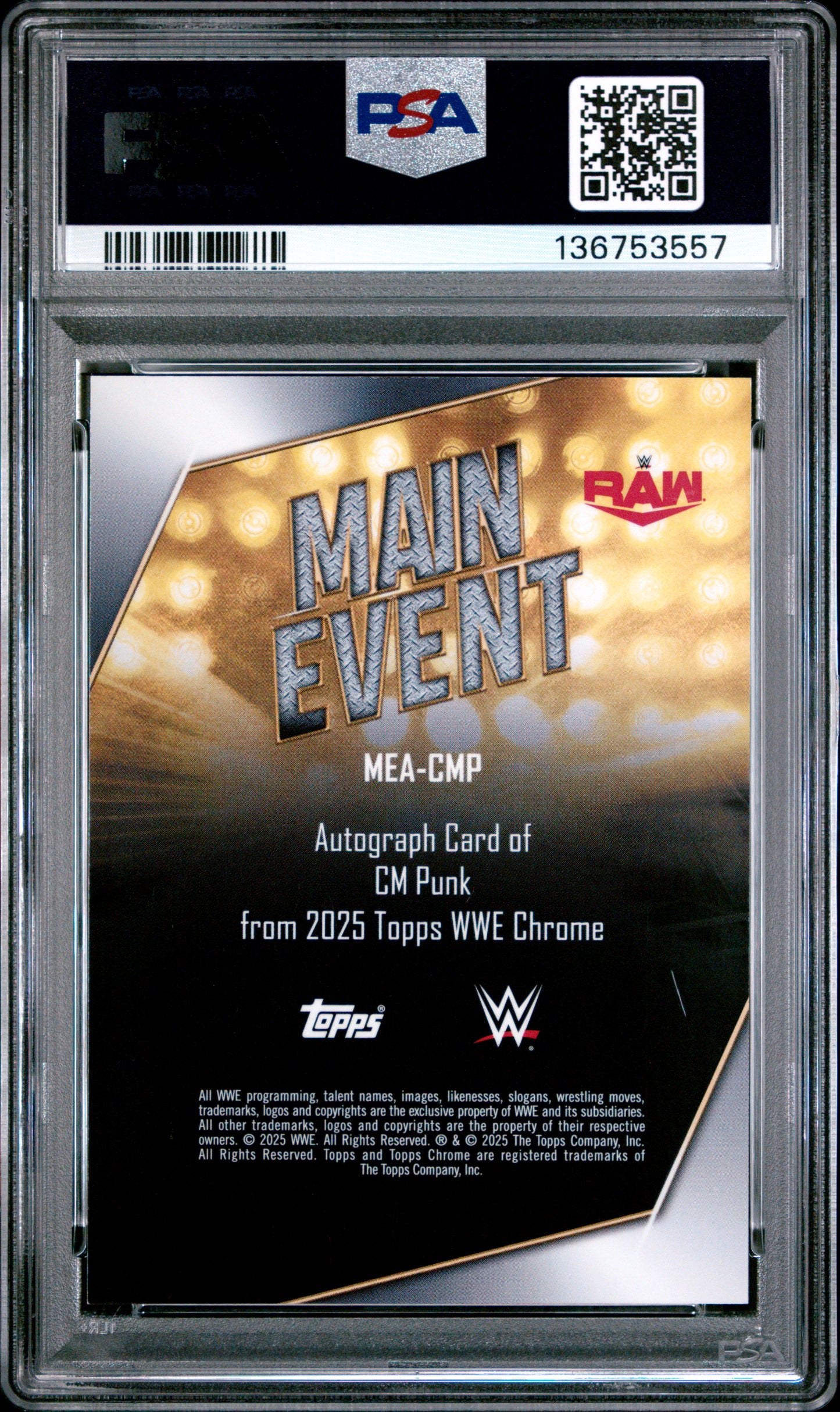 2025 Topps Chrome WWE Main Event CM Punk AUTO Orange Refractor #2/25 PSA 9 POP 3
