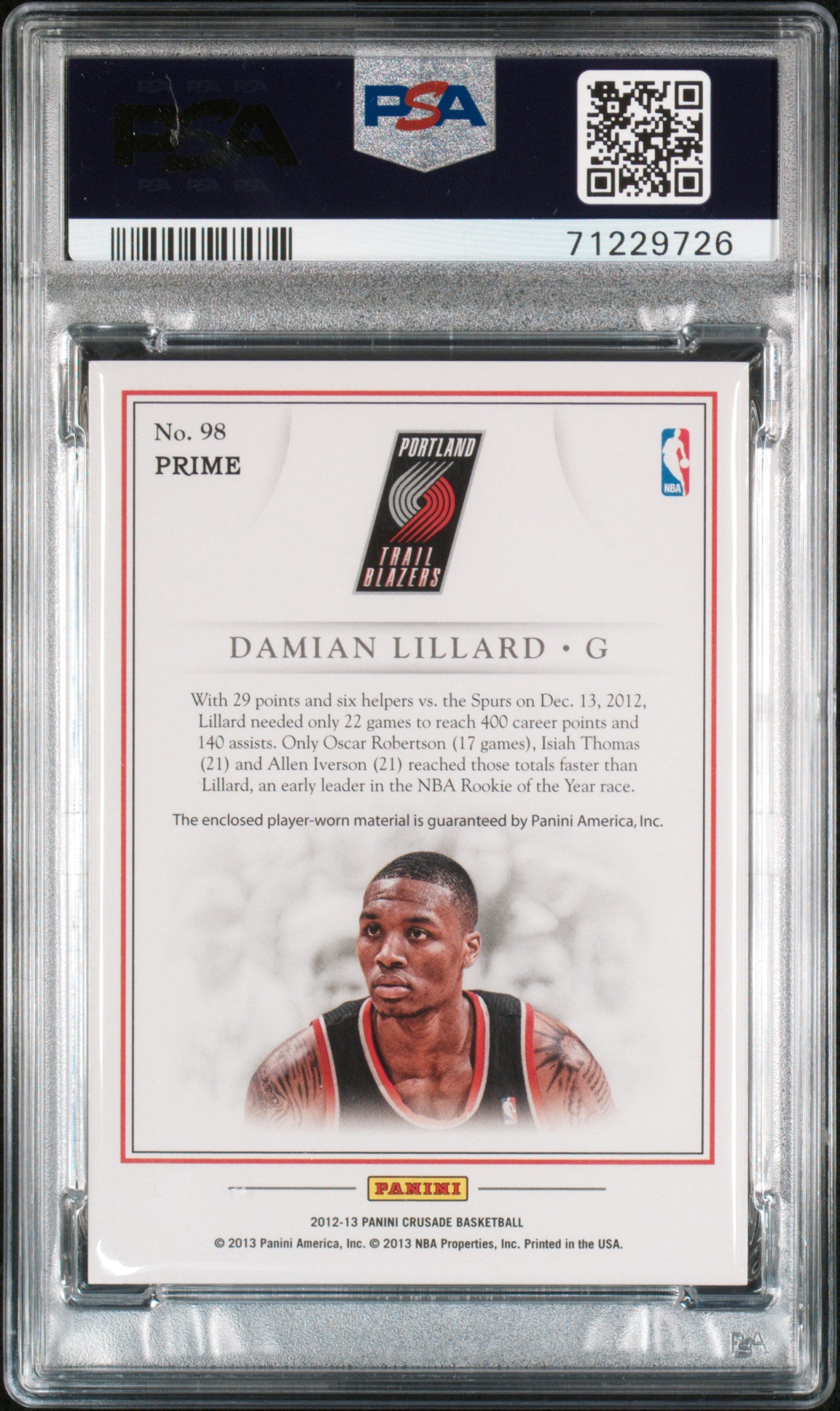 2012-13 Panini Crusade Quest Damian Lillard Prime Jersey PATCH Rookie 2/25 PSA 9