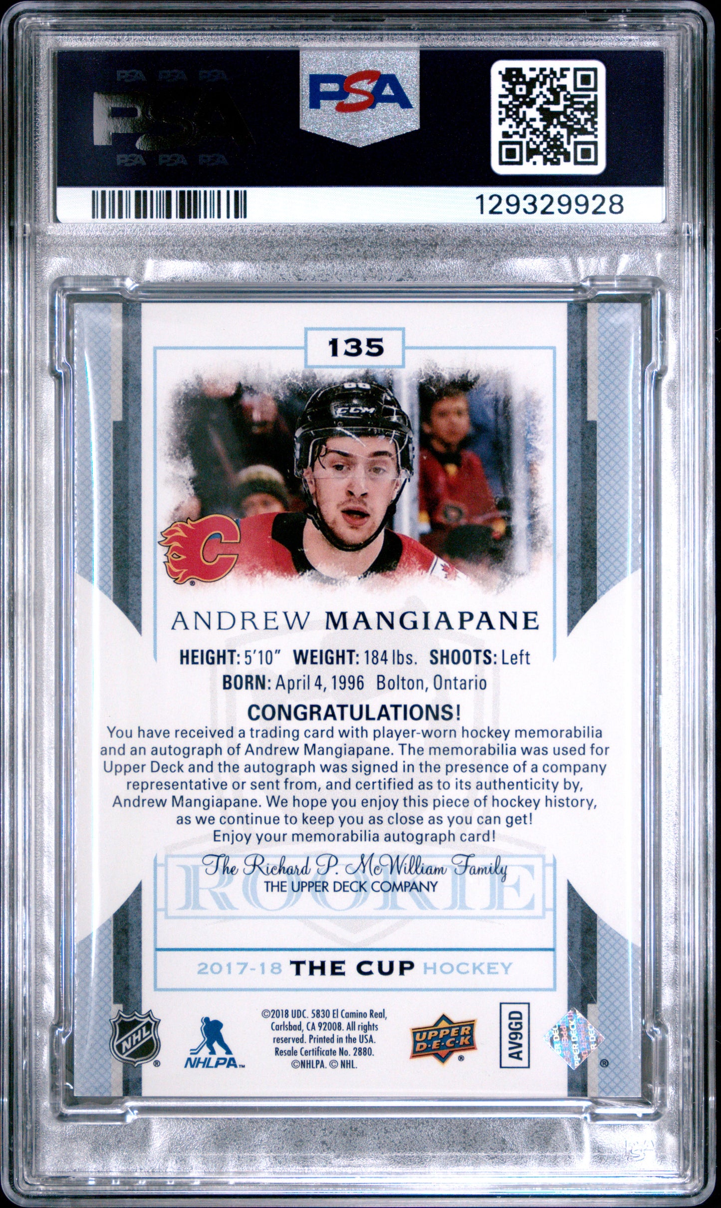 2017-18 Upper Deck The Cup Andrew Mangiapane #135 Autograph Patch PSA 7 /249