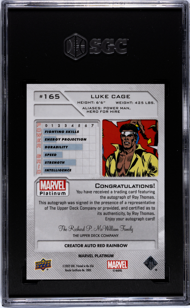 Luke Cage 2023 UD Marvel Platinum Roy Thomas Creator Auto Red Rainbow SGC 9 POP