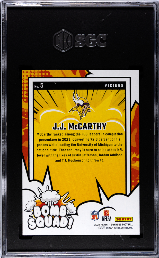 2024 Donruss JJ Mccarthy #5 Bomb Squad! SGC 9.5