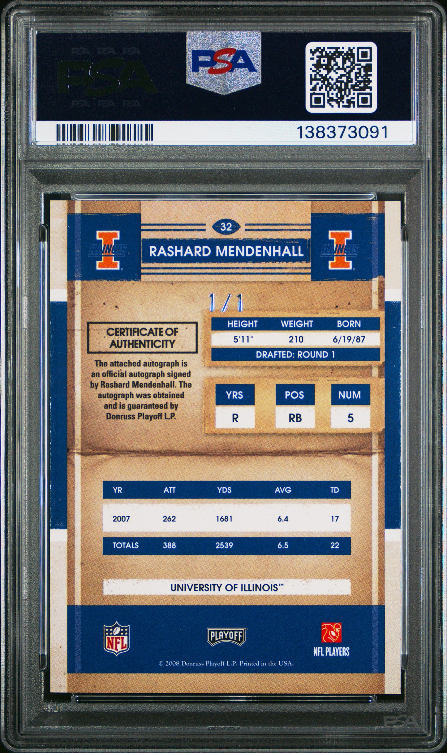 2008 Playoff Contenders Rashard Mendenhall Championship Ticket #1/1 AUTO PSA 7