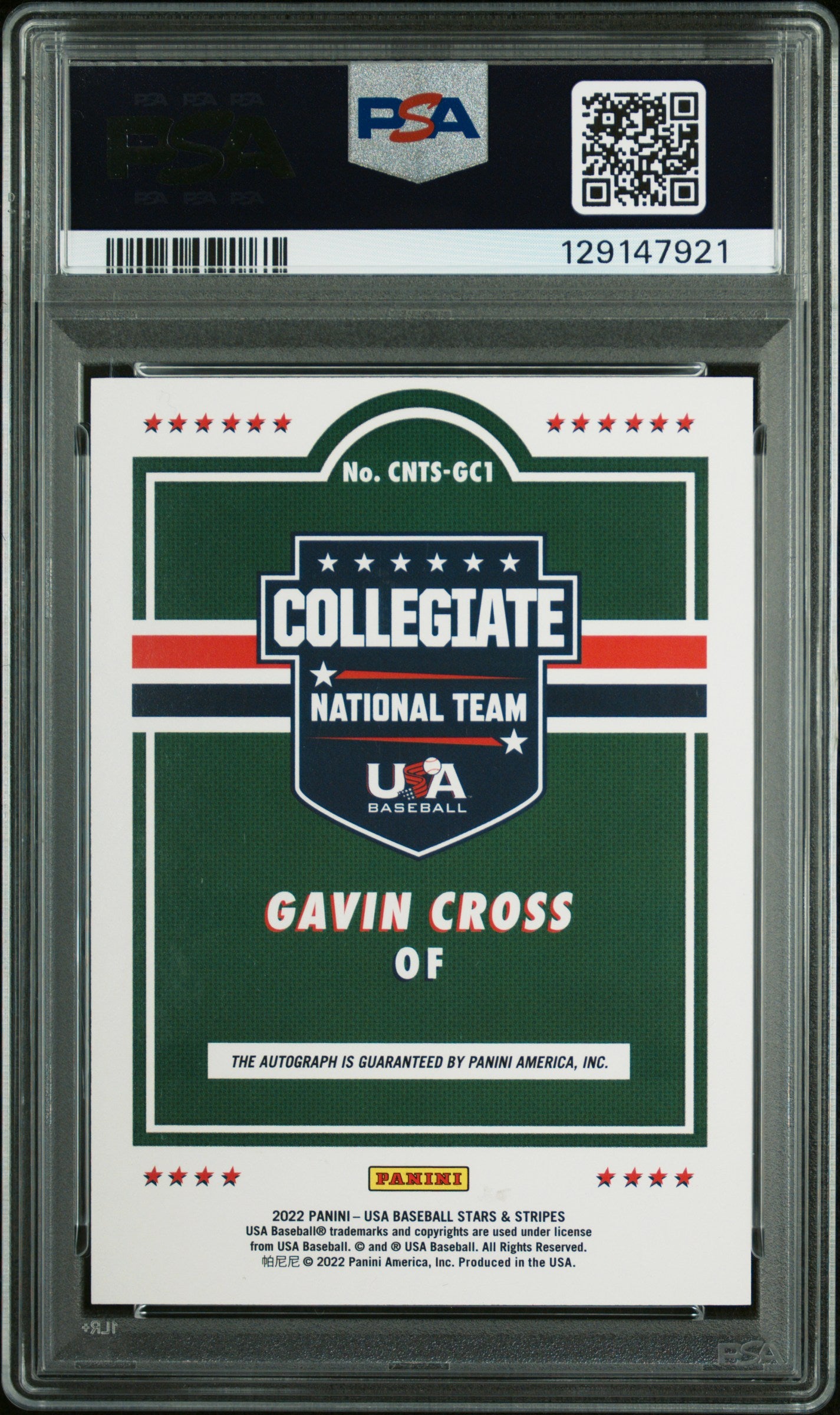 2021 Stars & Stripes Usa Collegiate National Team auto Gavin Cross /199 PSA 10