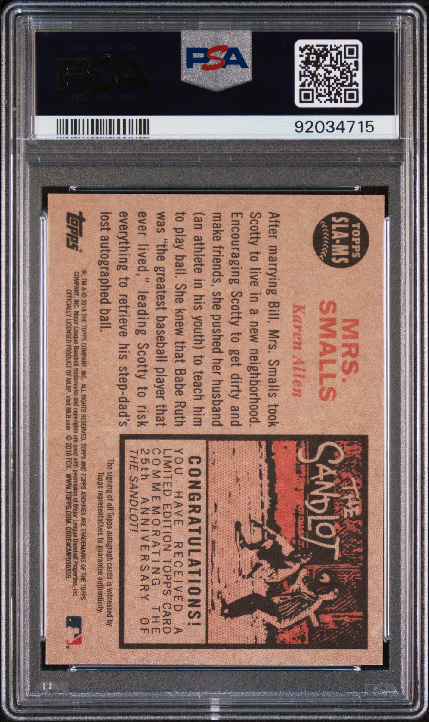 2018 Topps Archives The Sandlot Karen Allen #MS Autograph PSA 9 POP 4