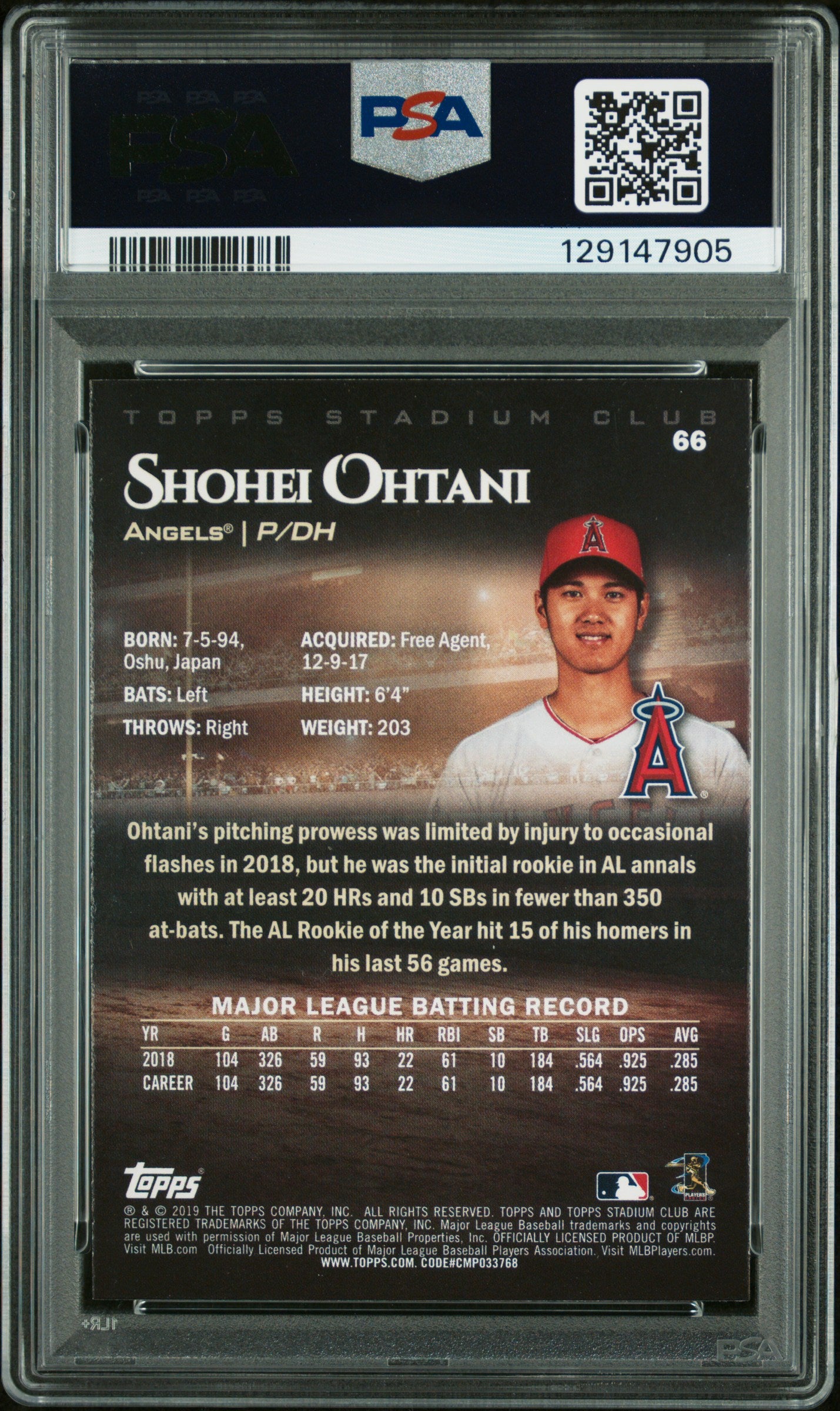 2019 Stadium Club Shohei Ohtani #66 Black Foil PSA 9 low pop