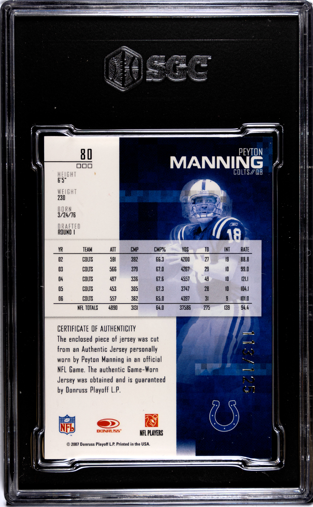 2007 Leaf Rookies & Stars Peyton Manning Jersey GAME USED Gold /125 SGC 9 POP 1