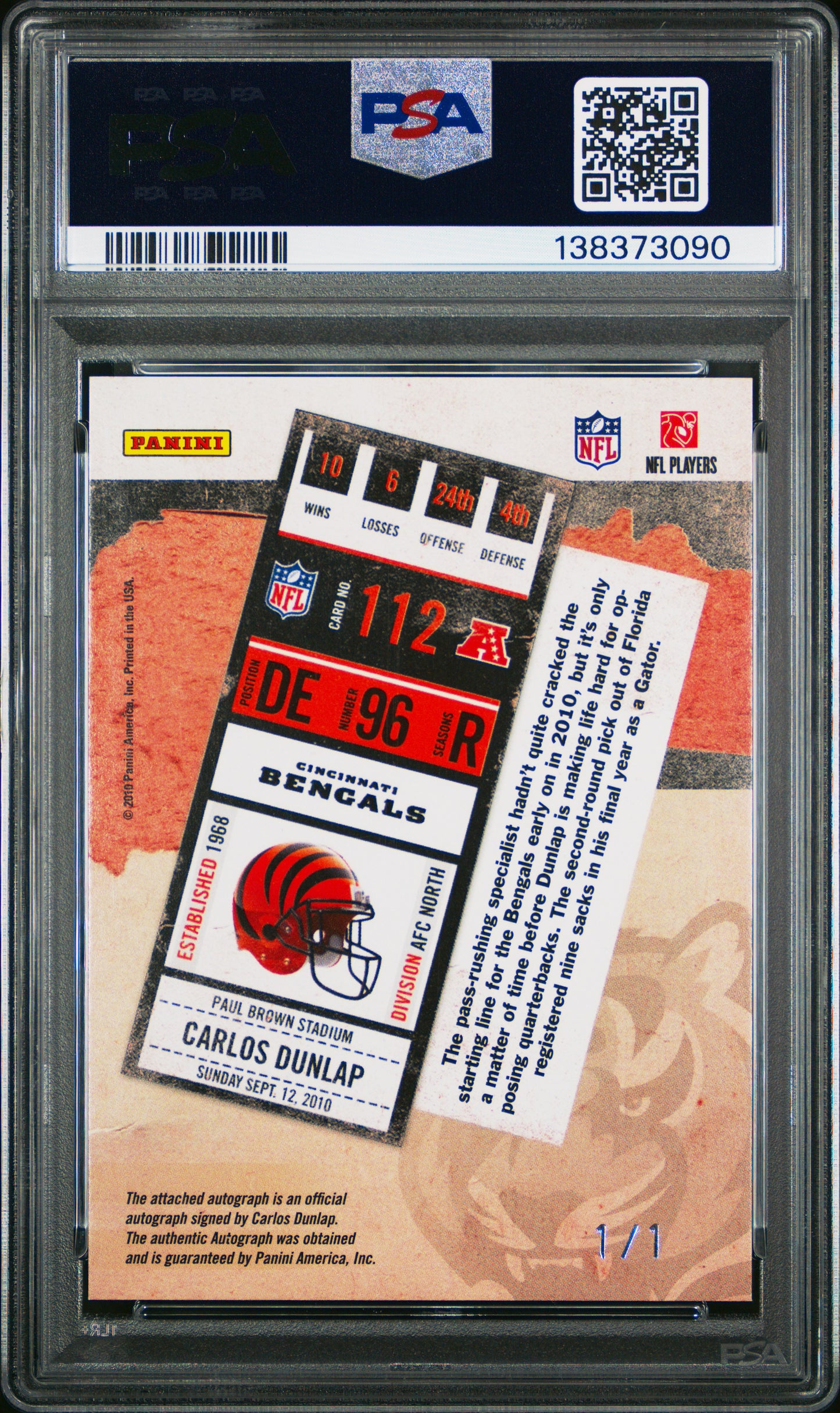 2010 Playoff Contenders Carlos Dunlap #112 Auto Championship Ticket #1/1 PSA 9