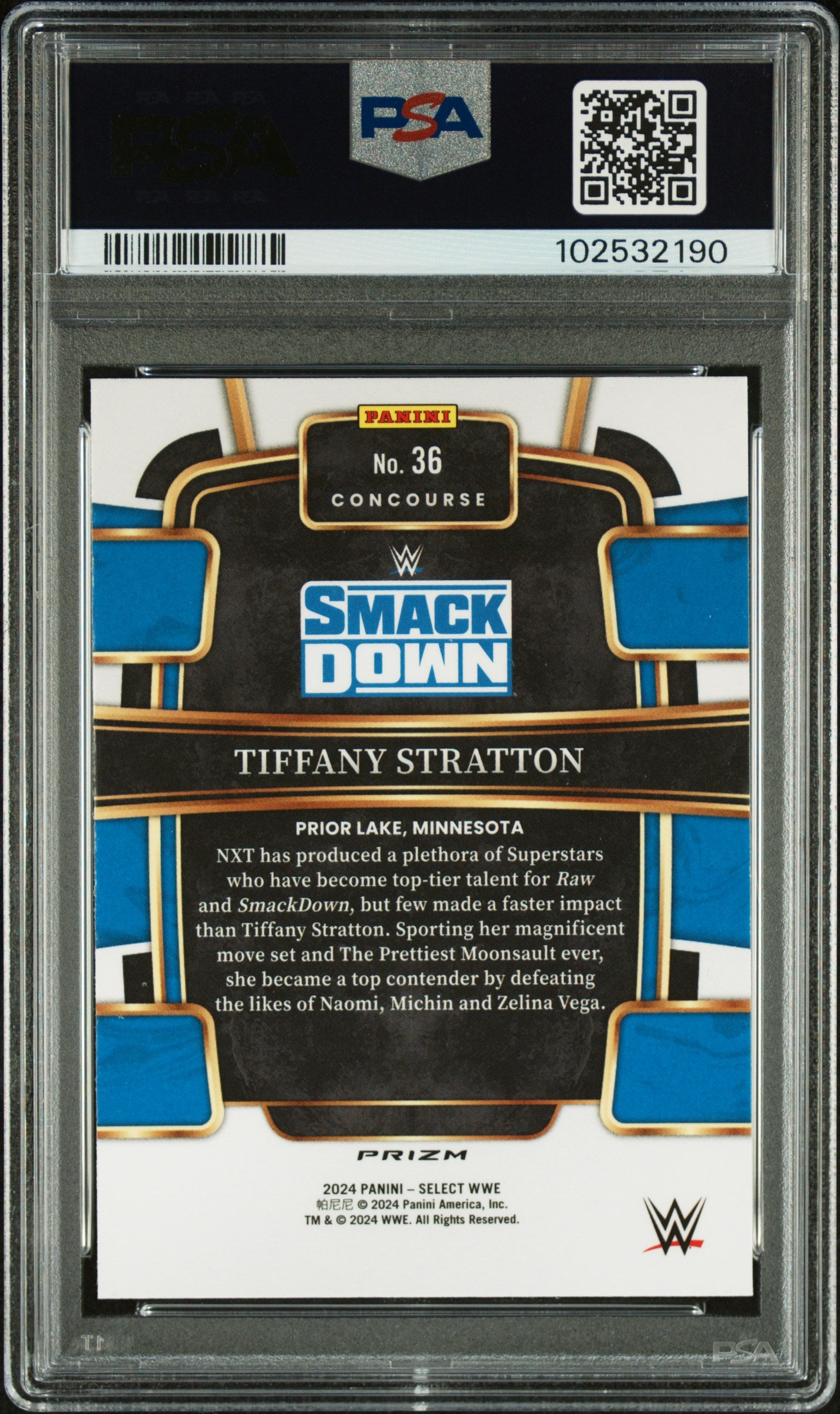 2024 Panini Select WWE Tiffany Stratton #36 Red & Blue Prizm PSA 9 pop 1
