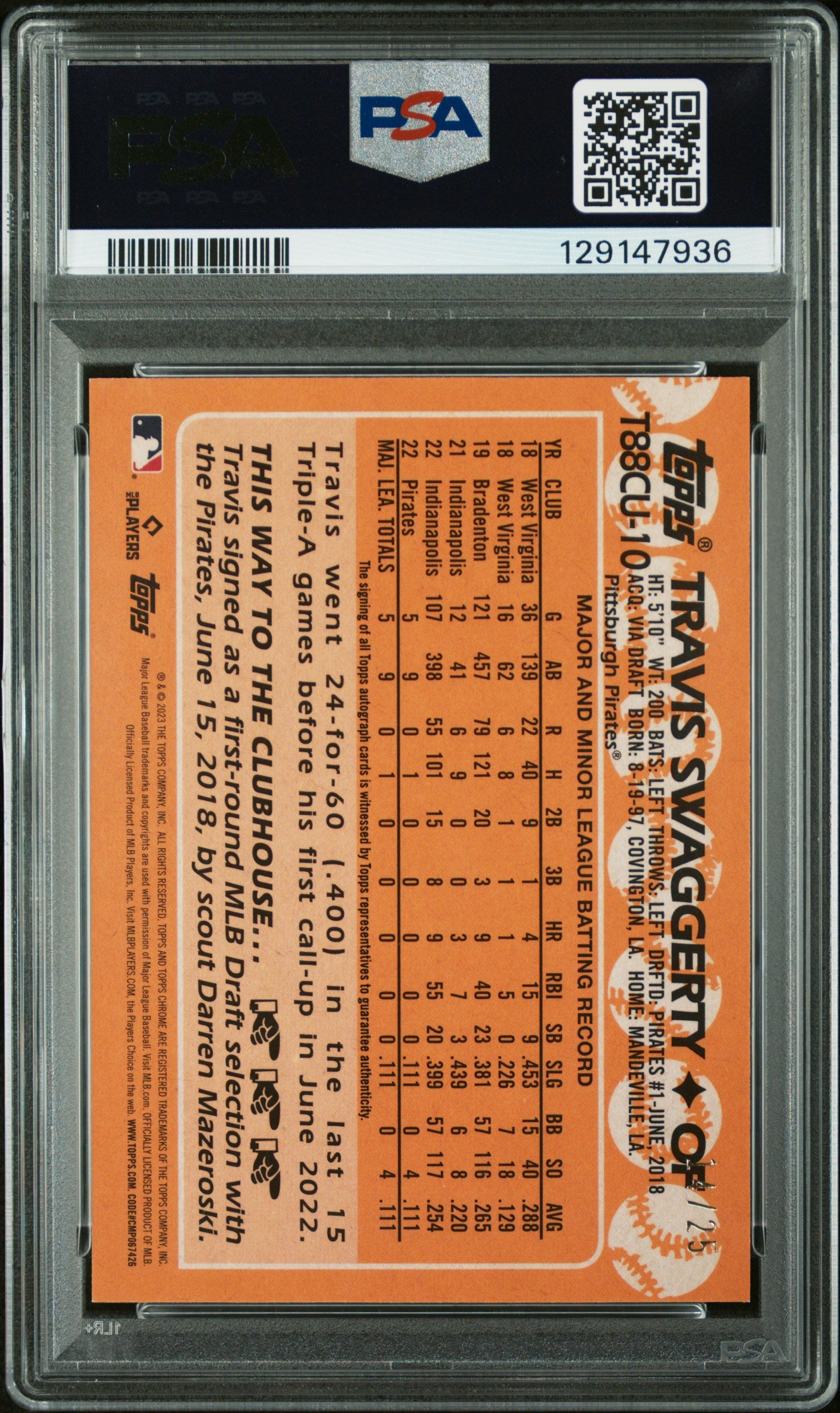 2023 Silver Pack 1988 Chrome Promo Travis Swaggerty Update Auto Orange Ref PSA 9