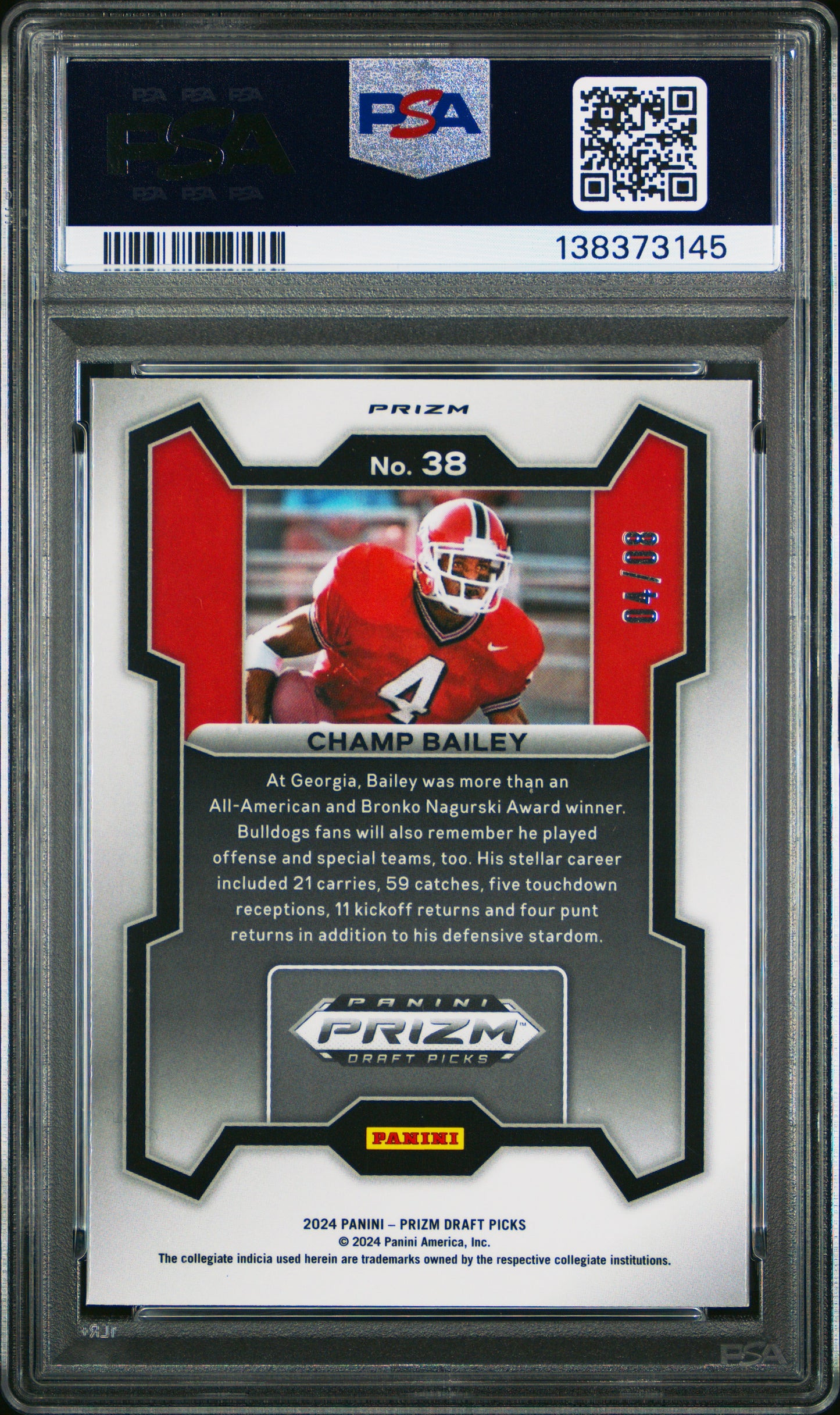 2024 Panini Prizm Draft Picks Champ Bailey Green Shimmer #4/8 (JERSEY #) PSA 9