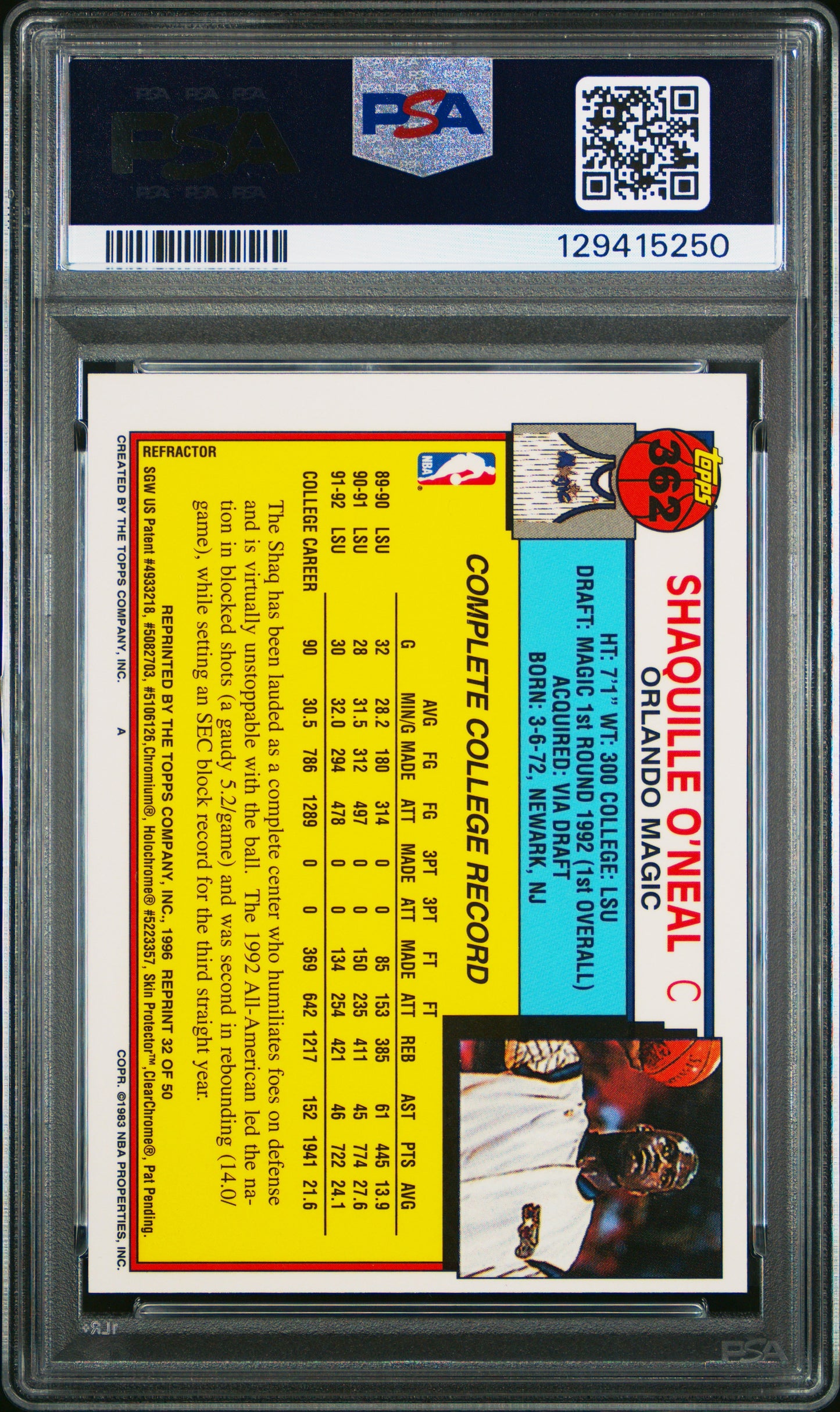 1996-97 Finest Reprint Shaquille O'Neal #32 Refractor With Coating PSA 8 low pop