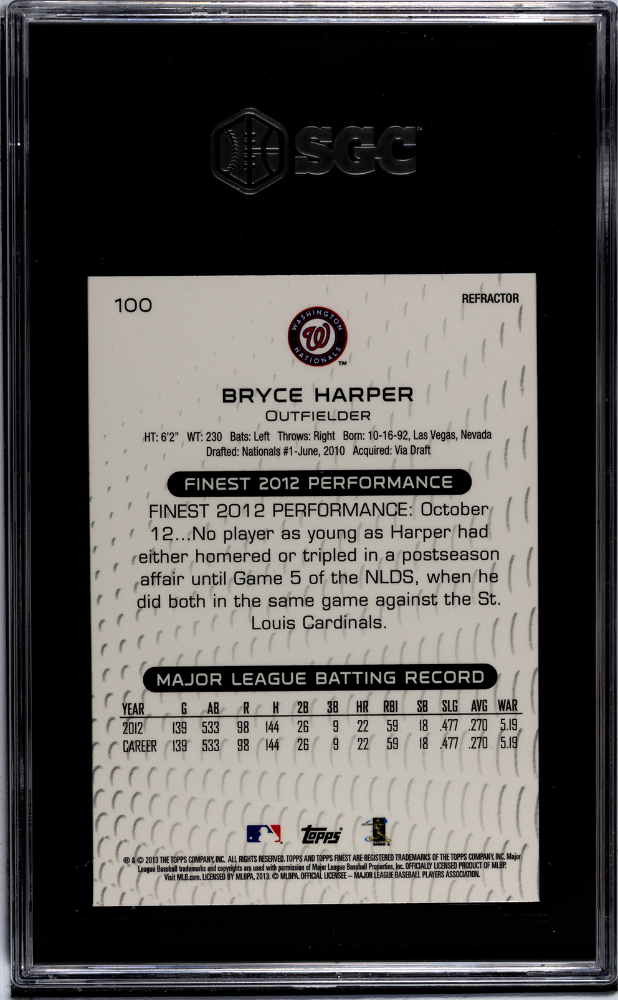 2013 Topps Finest Bryce Harper #100 Refractor SGC 9.5