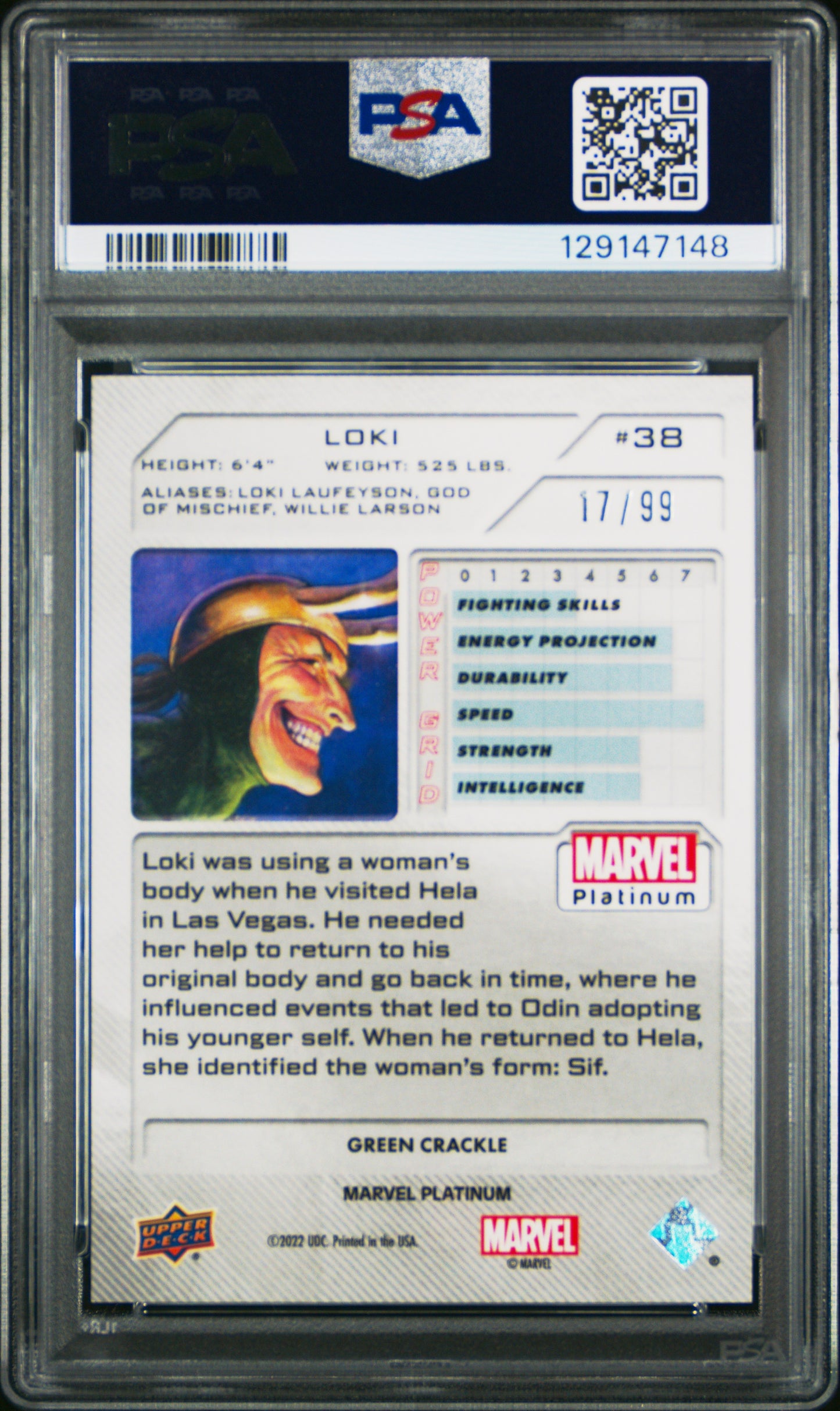 Loki 2023 Upper Deck Marvel Platinum Green Crackle #17/99 PSA 10 LOW POP