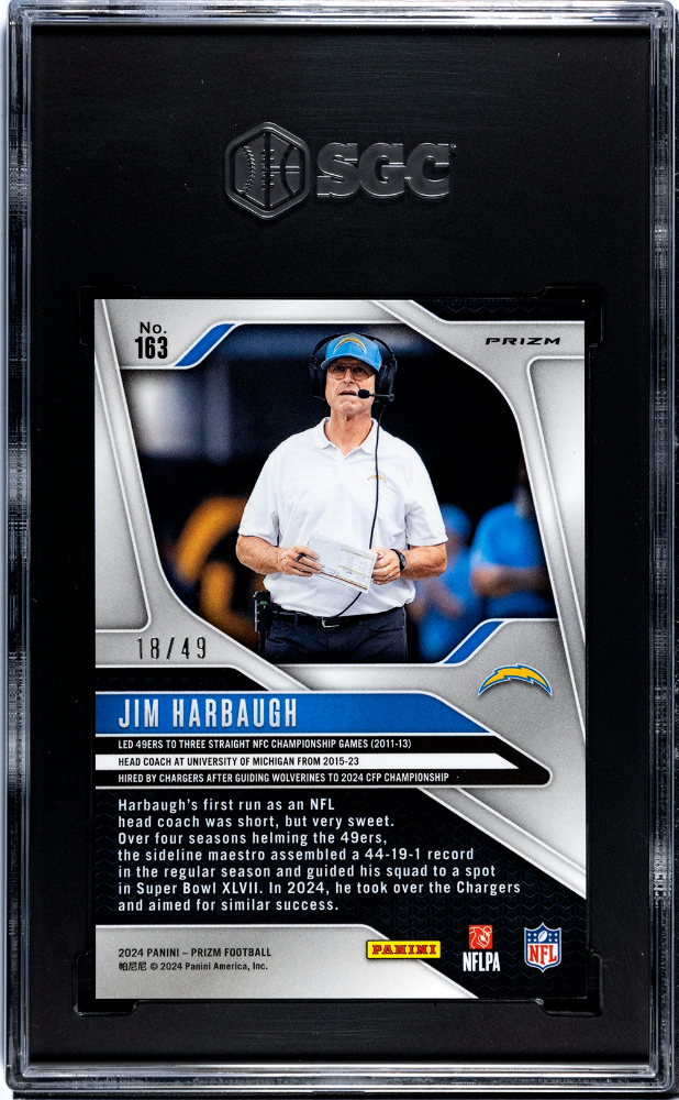 2024 Panini Prizm Jim Harbaugh #163 Purple No Huddle SGC 9.5 POP 1 /49