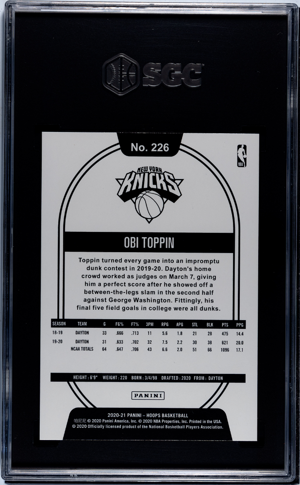 2020-21 Panini Hoops Obi Toppin #226 Artist Proof Gold SGC 10 /25 pop 1