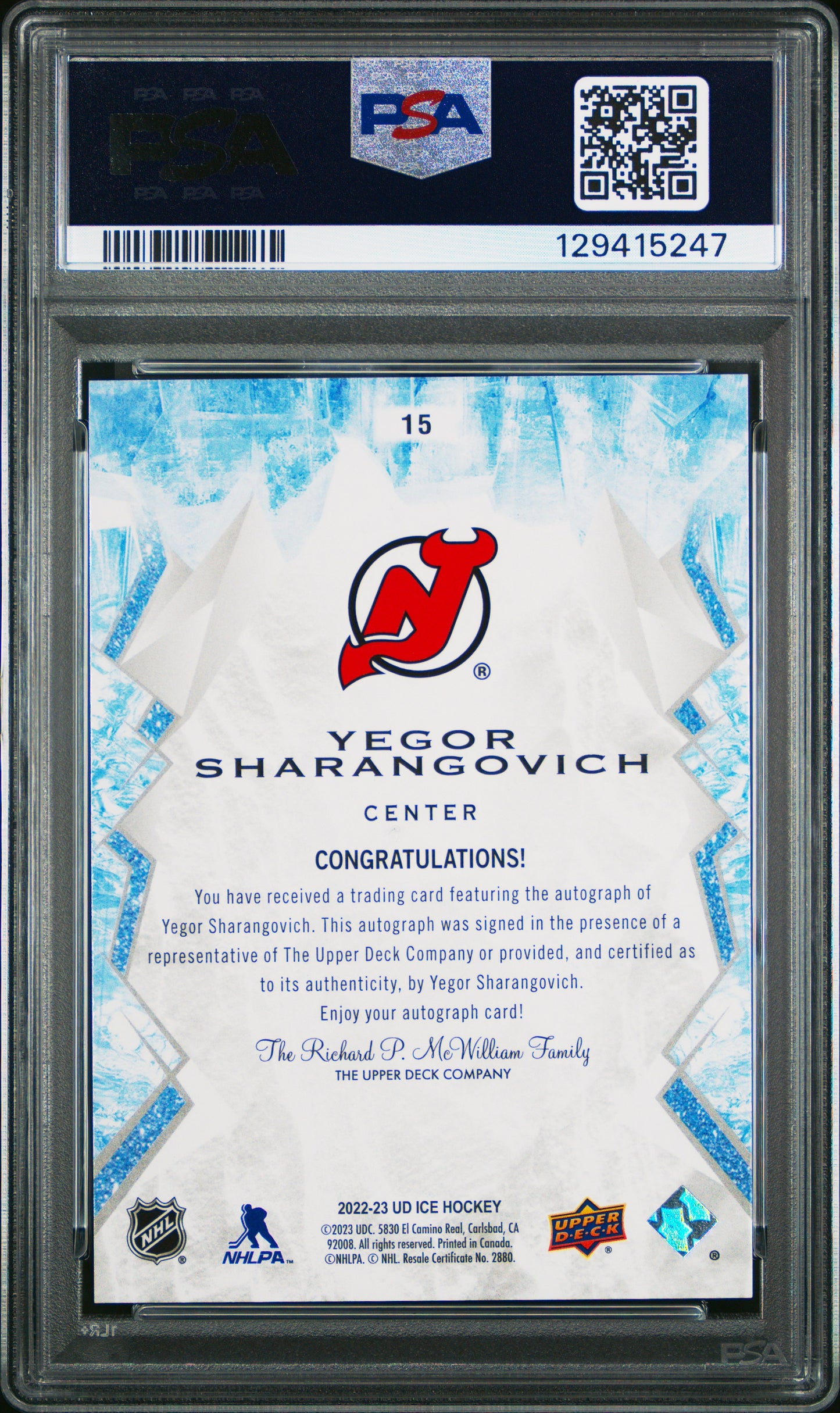 2022 Upper Deck Ice Yegor Sharangovich #15 White Snowflake Auto PSA 10 pop 1