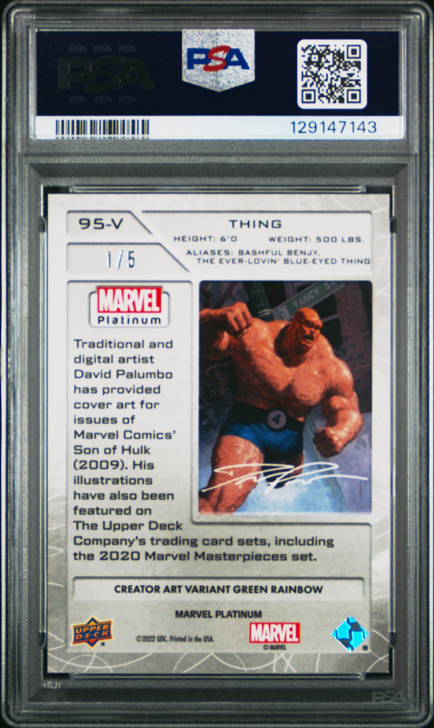 Thing 2023 Upper Deck Marvel Platinum Variant Green Rainbow #1/5 PSA 9 POP 1