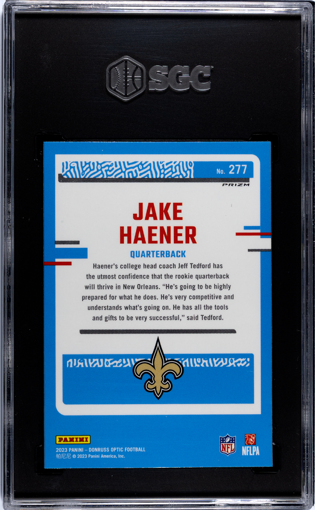 2023 Donruss Optic Jake Haener #277 Green Velocity Prizm SGC 9.5 POP 1