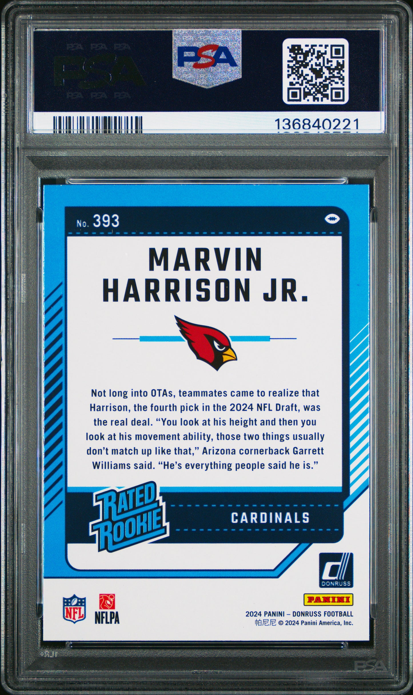 2024 Panini Donruss Marvin Harrison JR. #393 Press Proof Blue PSA 10 POP 2