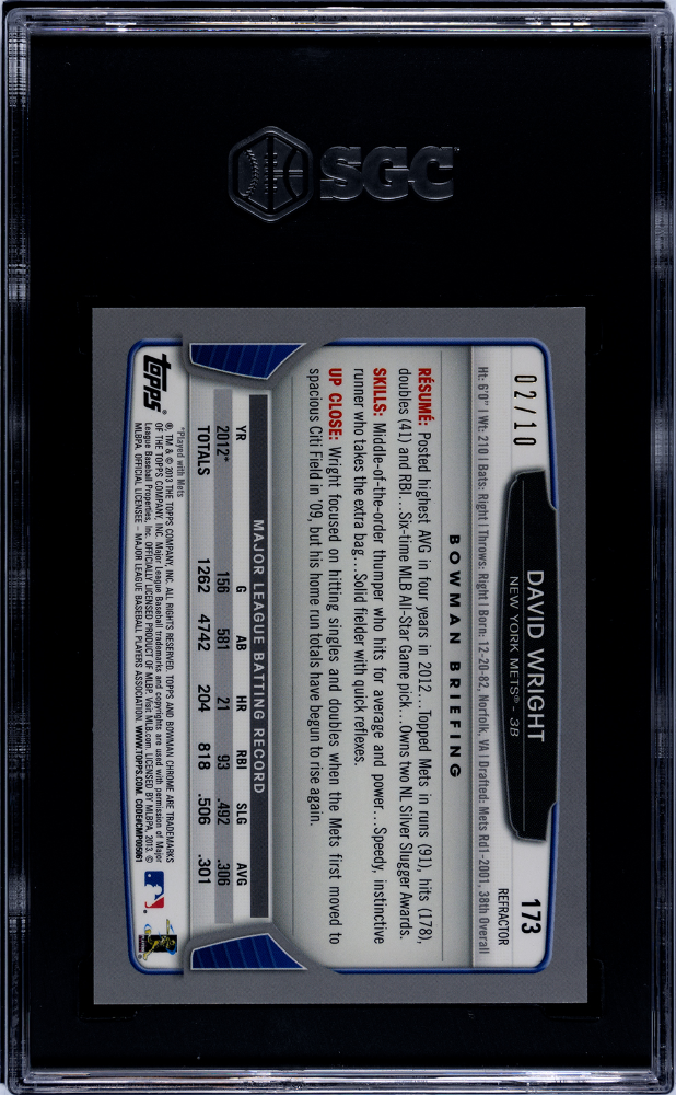 2013 Bowman Chrome David Wright #173 Yellow Refractor SGC 8.5 POP 1