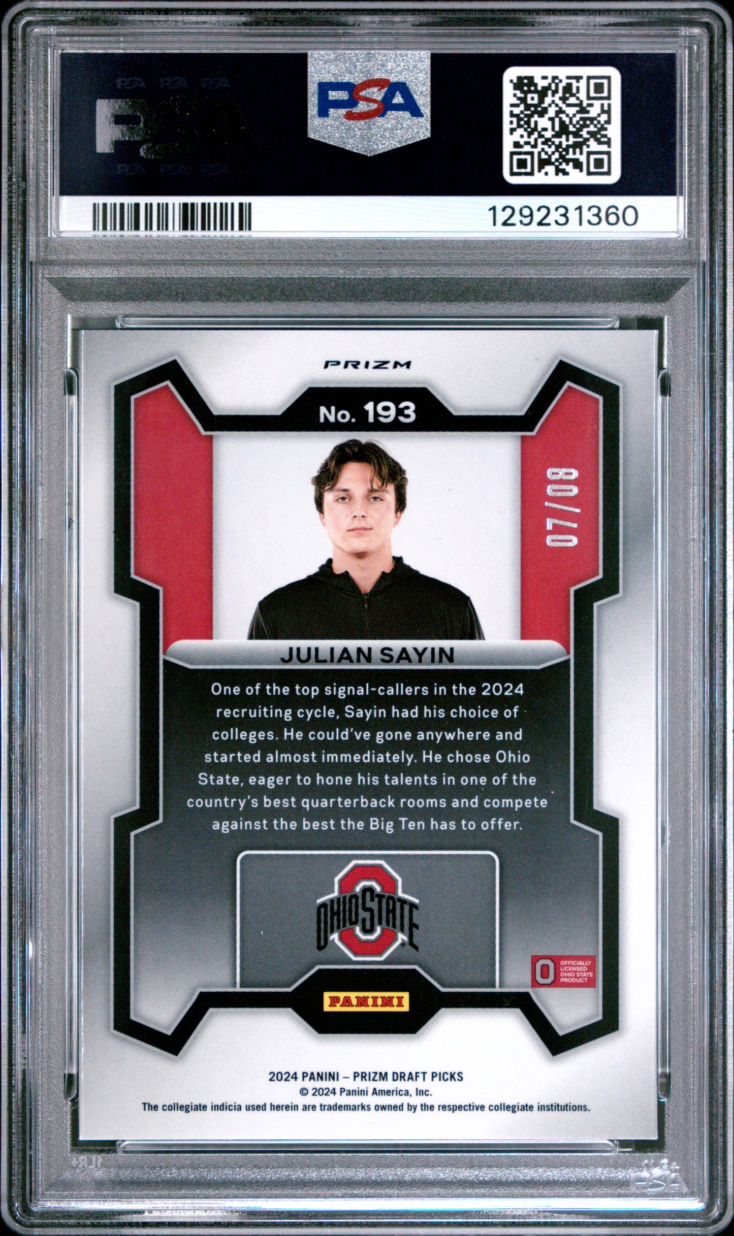 2024 Panini Prizm Draft Picks Julian Sayin #193 Green Shimmer PSA 10 POP 3 7/8